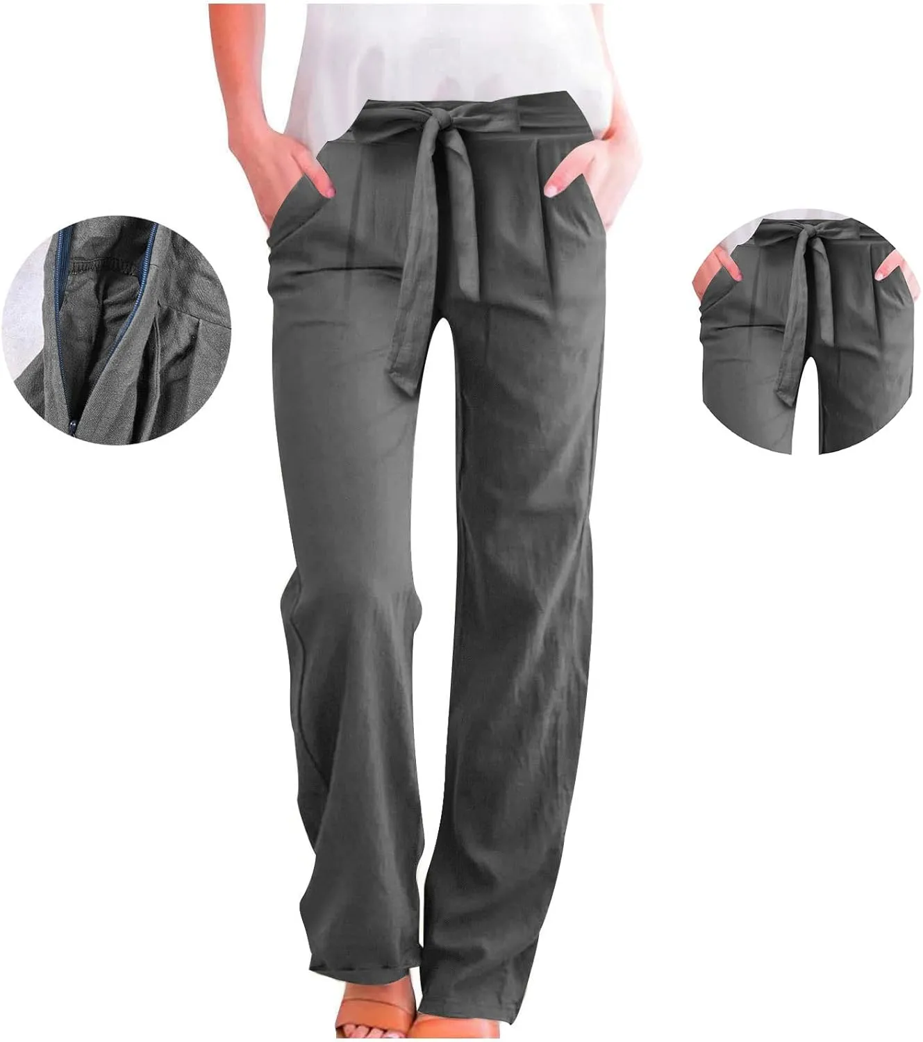 Womens Linen Cotton Pants Casual Straight Leg Work Pants with Pockets 2025 Summer Trendy Dressy Pants Tie Front Pants