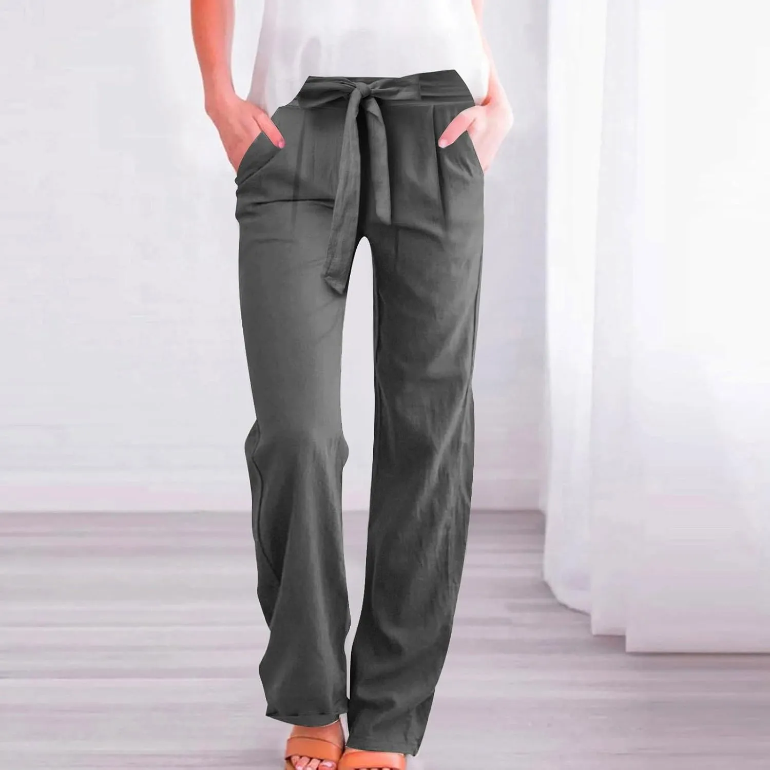 Womens Linen Cotton Pants Casual Straight Leg Work Pants with Pockets 2025 Summer Trendy Dressy Pants Tie Front Pants