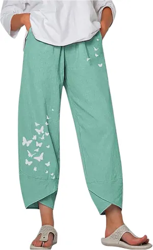 Womens Linen Pants High Waisted Loose Trousers Casual Elastic Waist Print Pant Trendy Comfy Beach Bottoms with Pocket