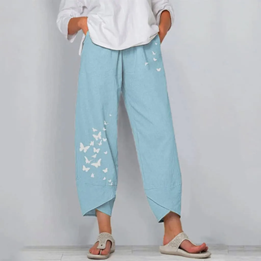 Womens Linen Pants High Waisted Loose Trousers Casual Elastic Waist Print Pant Trendy Comfy Beach Bottoms with Pocket
