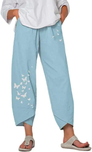 Womens Linen Pants High Waisted Loose Trousers Casual Elastic Waist Print Pant Trendy Comfy Beach Bottoms with Pocket