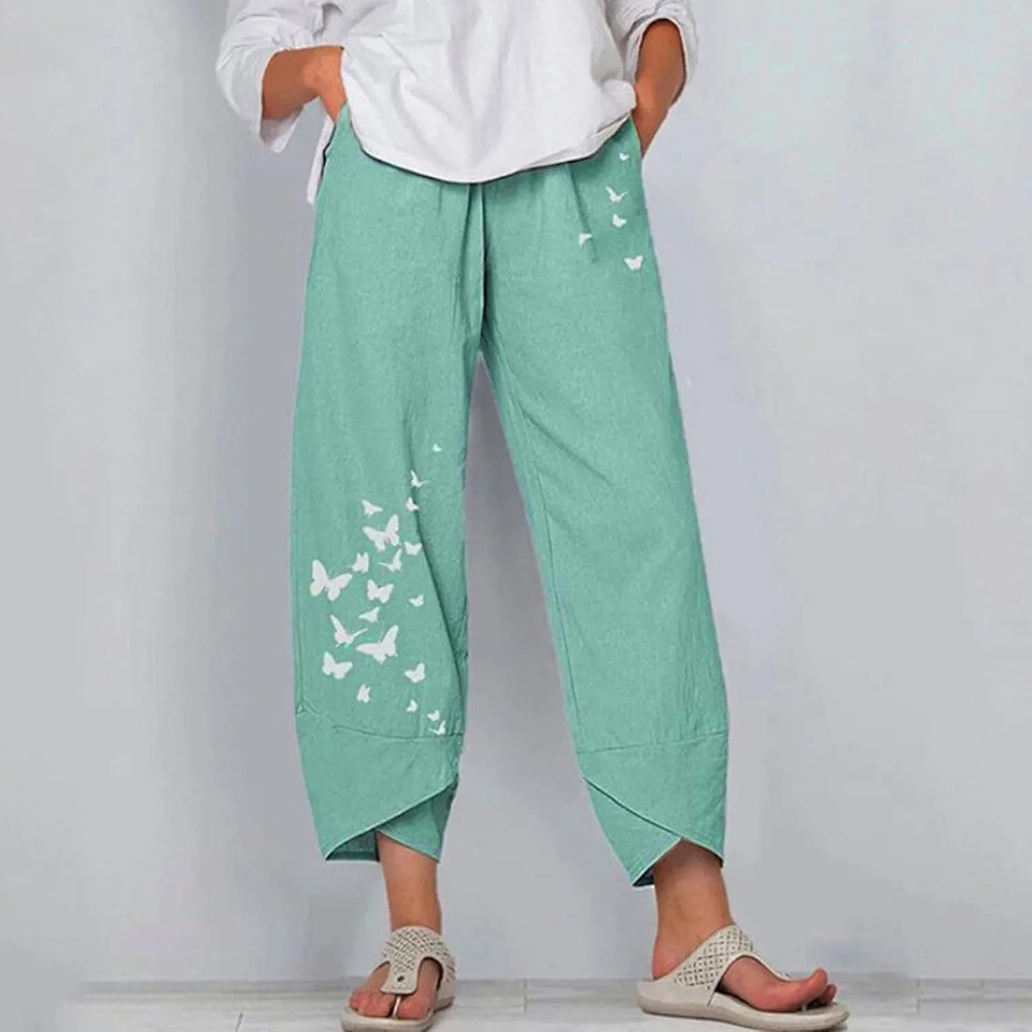 Womens Linen Pants High Waisted Loose Trousers Casual Elastic Waist Print Pant Trendy Comfy Beach Bottoms with Pocket