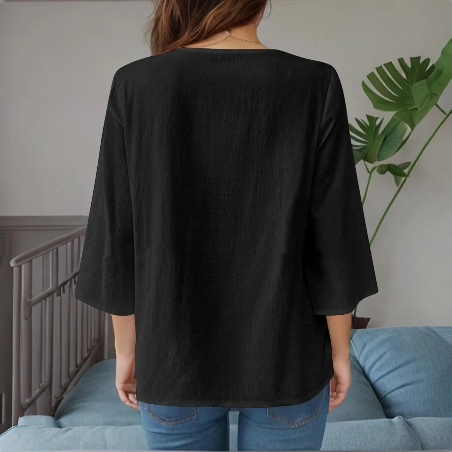 Women's Linen Shirts Dressy 3/4 Sleeve V Neck Cotton Blouses Casual Loose Lace Tunic Tops Summer Vacation Outfits