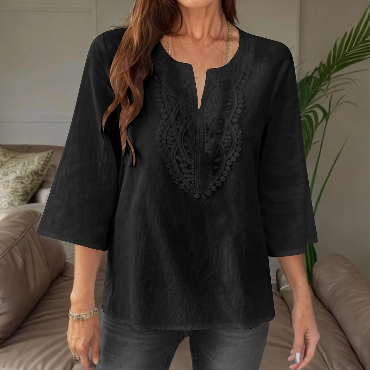 Women's Linen Shirts Dressy 3/4 Sleeve V Neck Cotton Blouses Casual Loose Lace Tunic Tops Summer Vacation Outfits