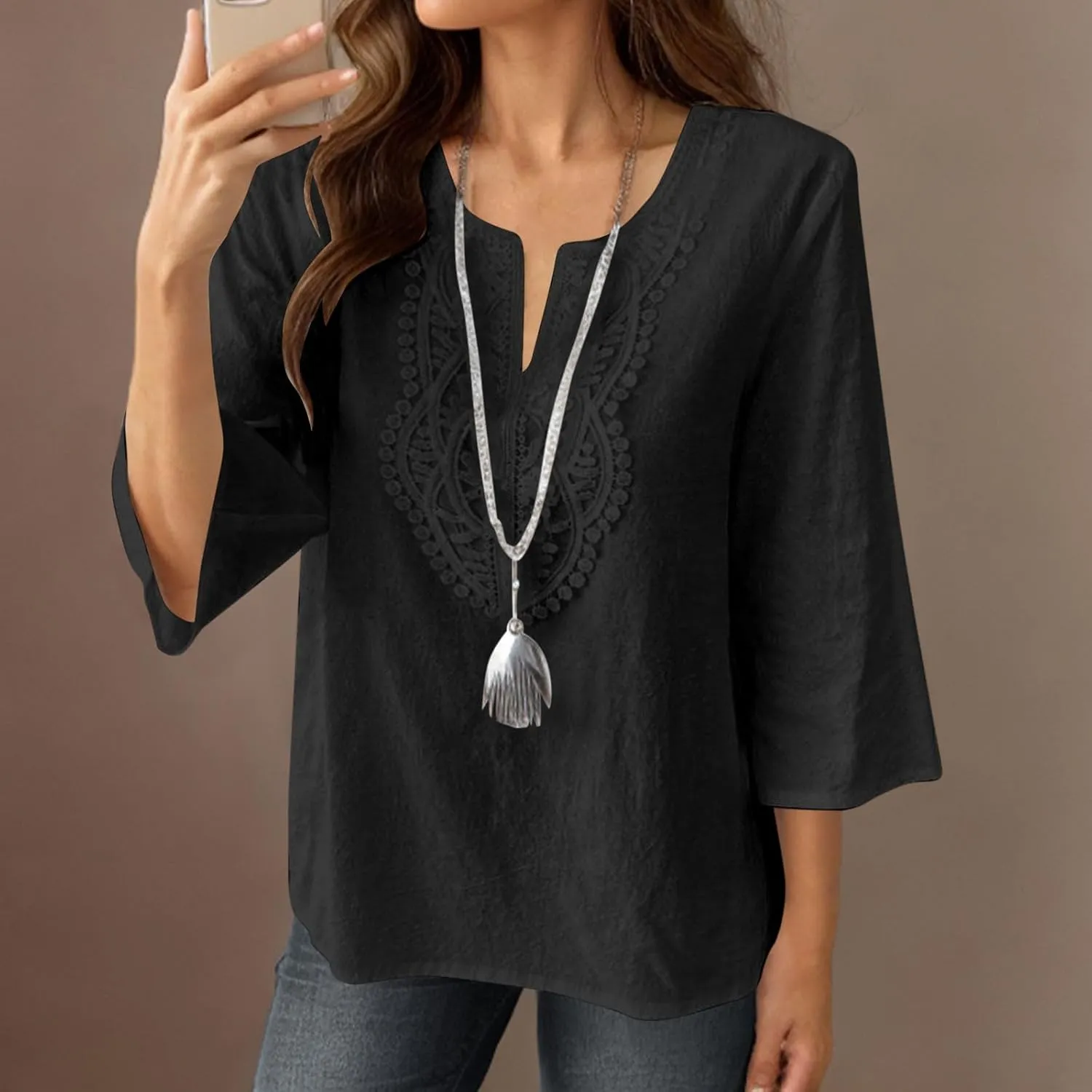 Women's Linen Shirts Dressy 3/4 Sleeve V Neck Cotton Blouses Casual Loose Lace Tunic Tops Summer Vacation Outfits