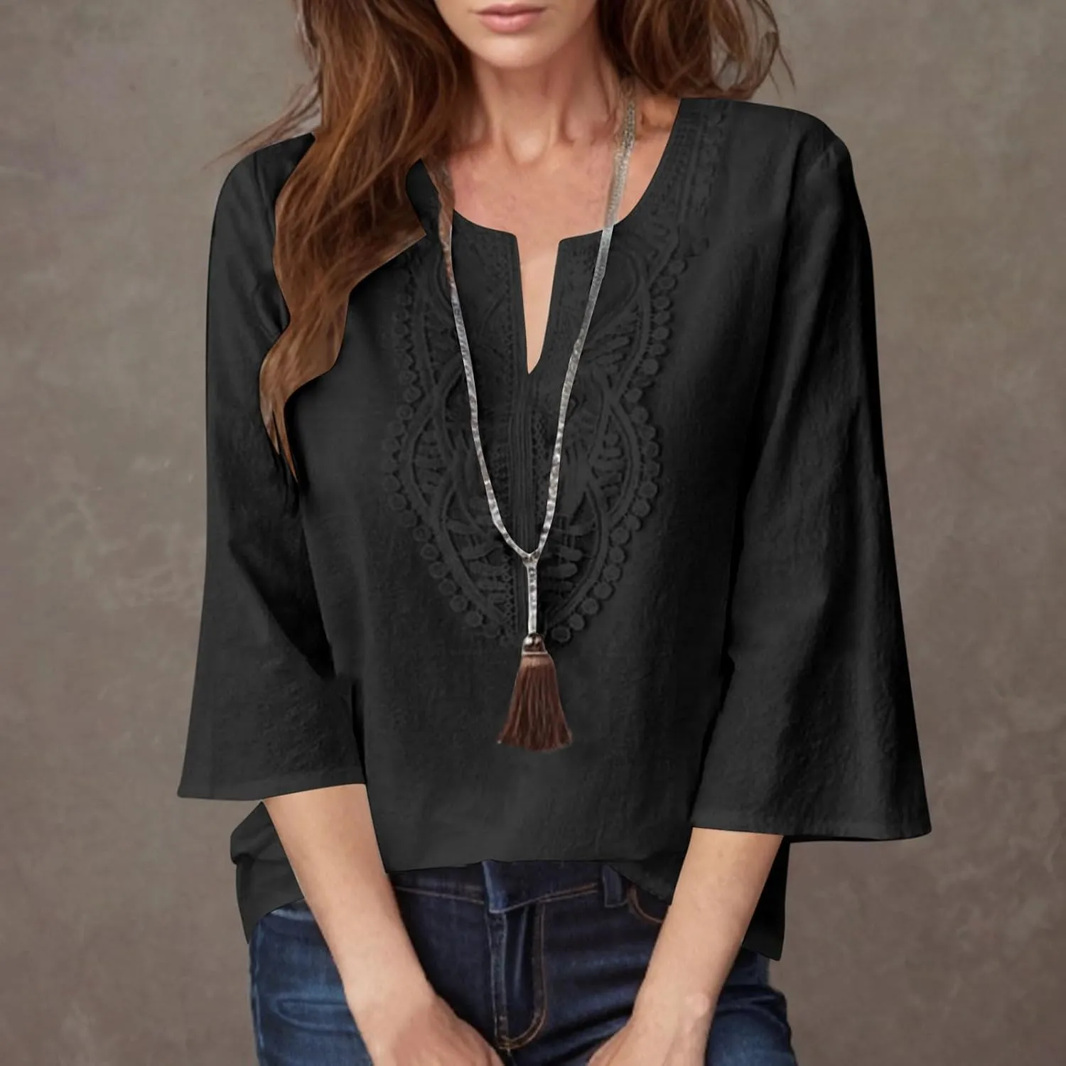 Women's Linen Shirts Dressy 3/4 Sleeve V Neck Cotton Blouses Casual Loose Lace Tunic Tops Summer Vacation Outfits