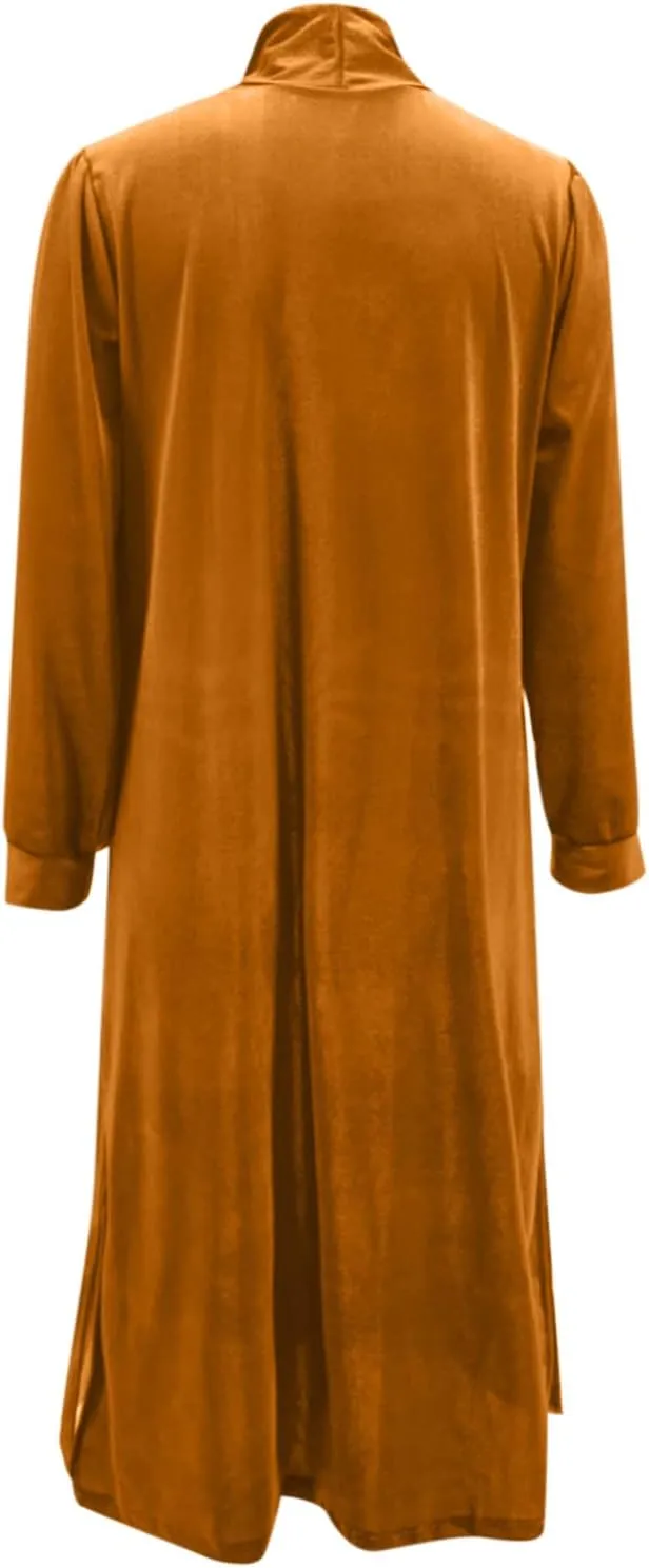 Womens Long Sleeve Velvet Cardigan Jacket Open Front Flowy Long Trench Coat with Pockets Lightweight Spring Outerwear