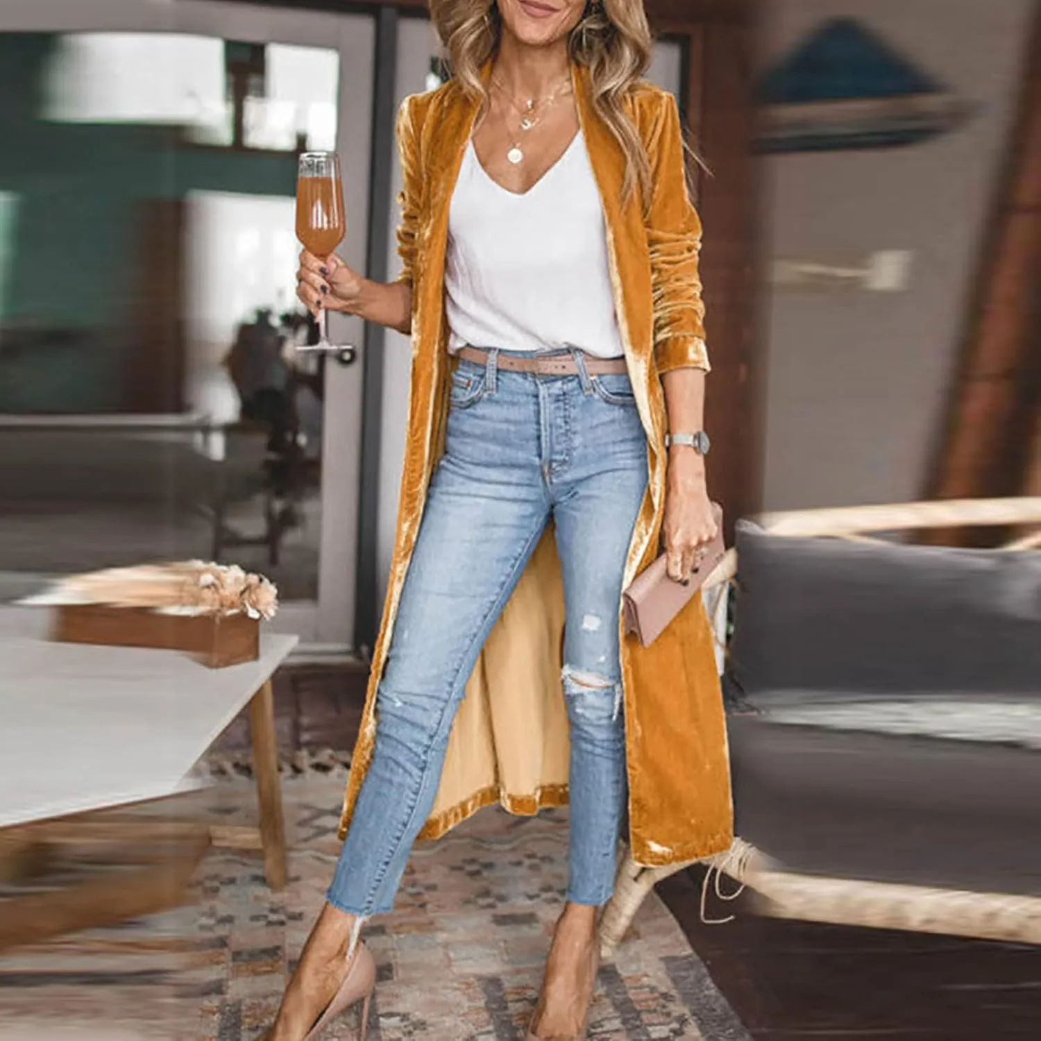 Womens Long Sleeve Velvet Cardigan Jacket Open Front Flowy Long Trench Coat with Pockets Lightweight Spring Outerwear