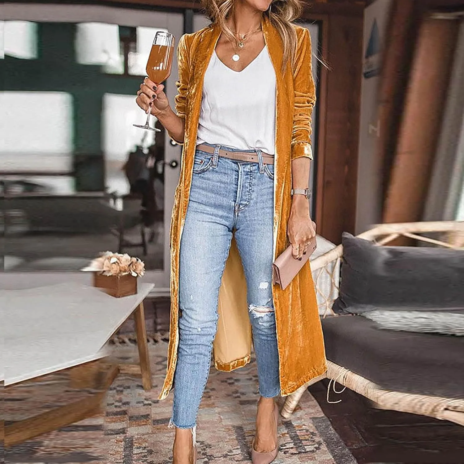 Womens Long Sleeve Velvet Cardigan Jacket Open Front Flowy Long Trench Coat with Pockets Lightweight Spring Outerwear