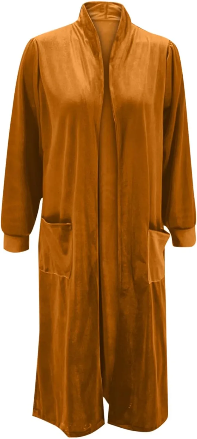 Womens Long Sleeve Velvet Cardigan Jacket Open Front Flowy Long Trench Coat with Pockets Lightweight Spring Outerwear