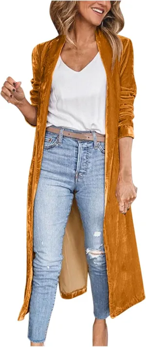 Womens Long Sleeve Velvet Cardigan Jacket Open Front Flowy Long Trench Coat with Pockets Lightweight Spring Outerwear