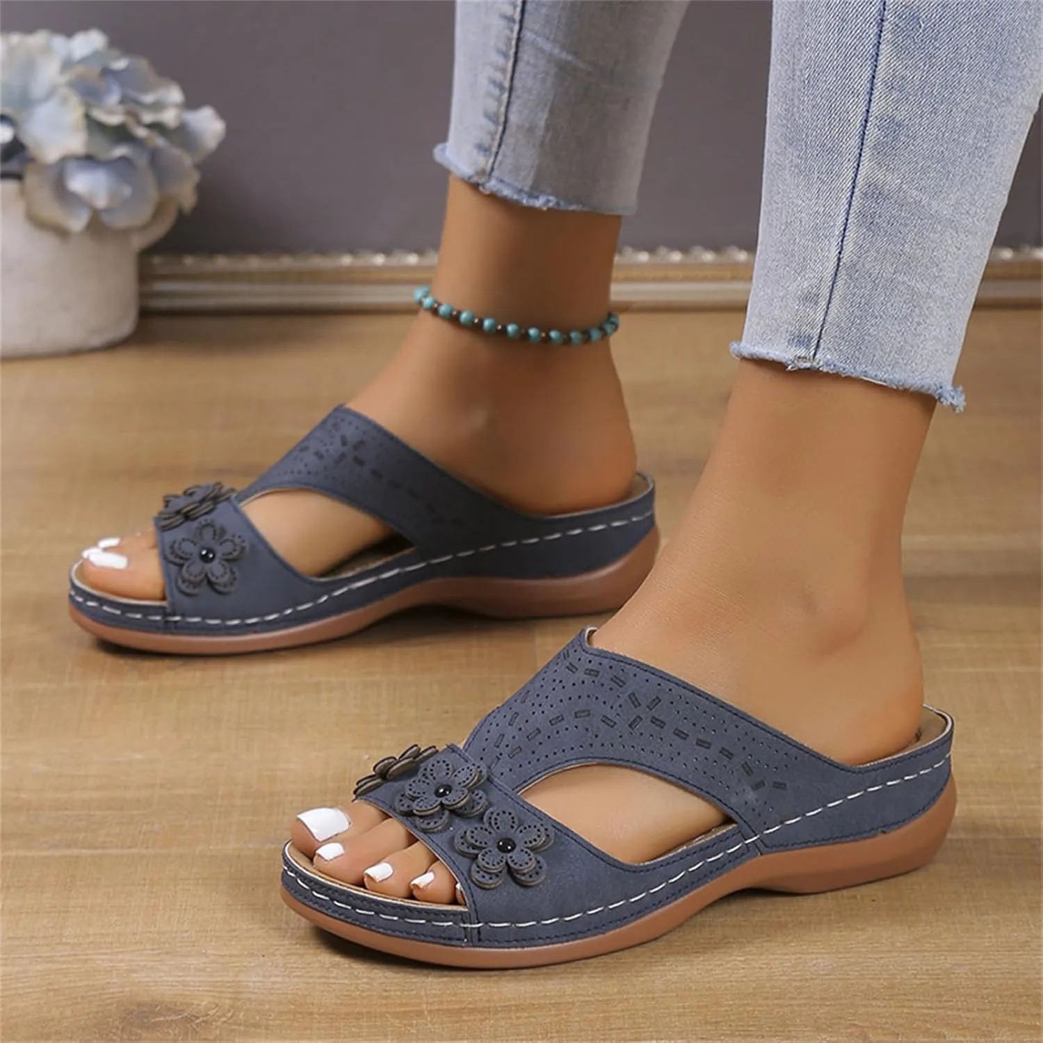 Women's Orthopedic Slippers Wedge Sandals for Women 2025 Summer Arch Support Hollow Breathable Holes Flowers Sandals Fish Mouth Open Toe Slippers Beach Casual Walking Shoes