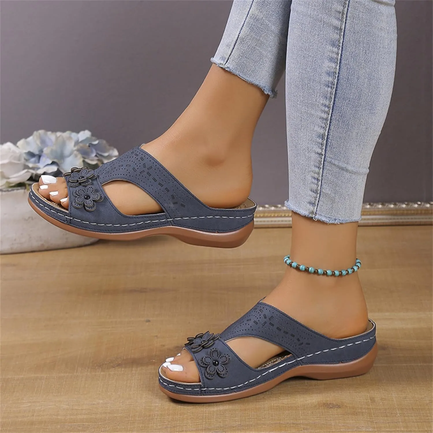 Women's Orthopedic Slippers Wedge Sandals for Women 2025 Summer Arch Support Hollow Breathable Holes Flowers Sandals Fish Mouth Open Toe Slippers Beach Casual Walking Shoes