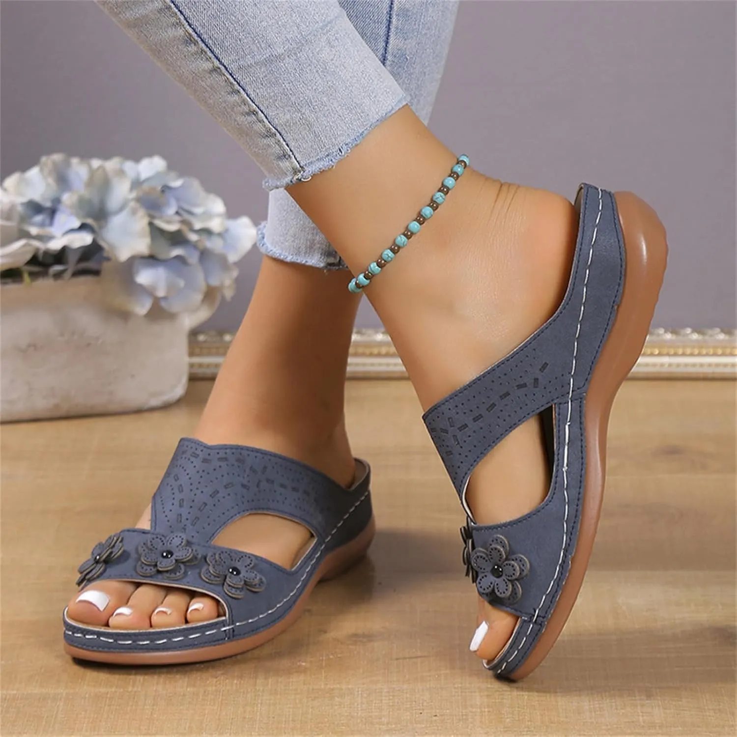 Women's Orthopedic Slippers Wedge Sandals for Women 2025 Summer Arch Support Hollow Breathable Holes Flowers Sandals Fish Mouth Open Toe Slippers Beach Casual Walking Shoes