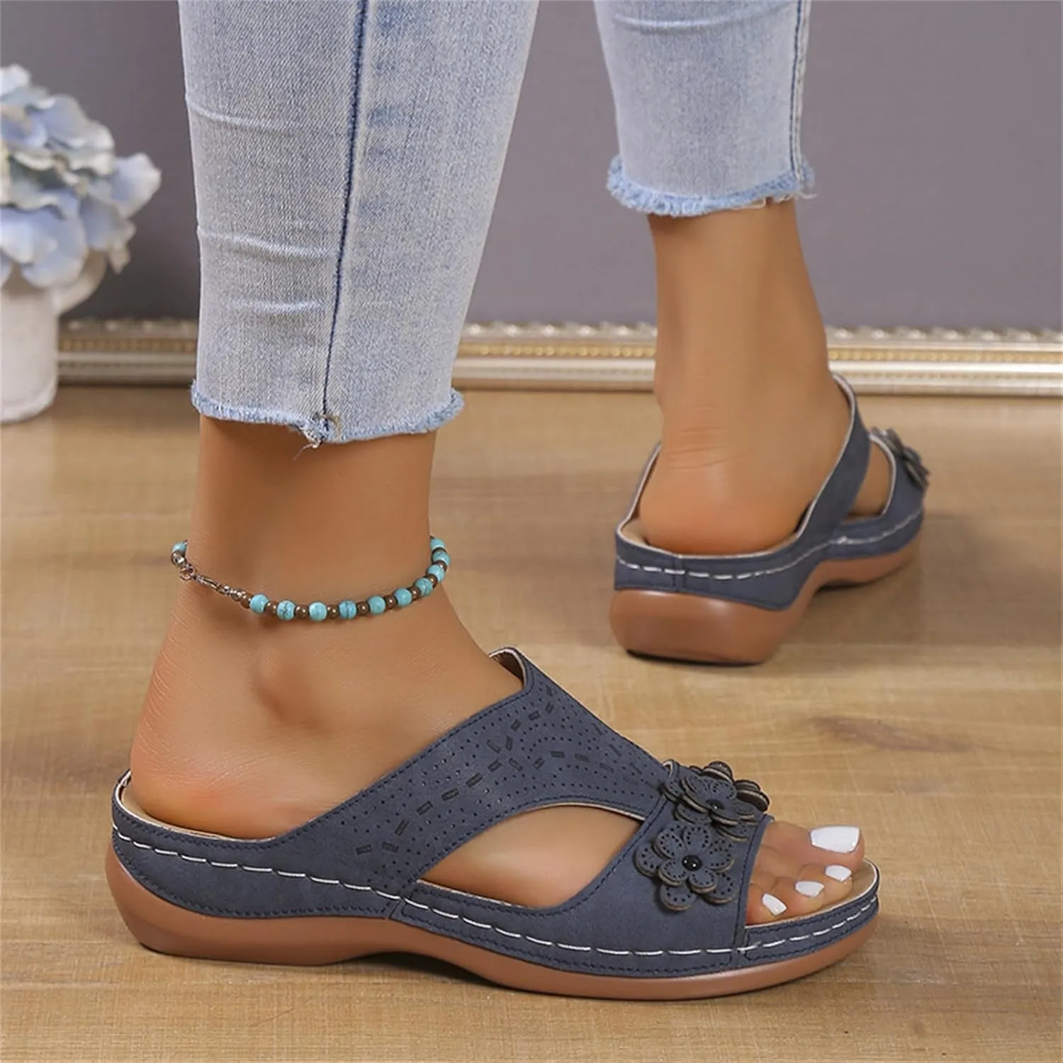 Women's Orthopedic Slippers Wedge Sandals for Women 2025 Summer Arch Support Hollow Breathable Holes Flowers Sandals Fish Mouth Open Toe Slippers Beach Casual Walking Shoes