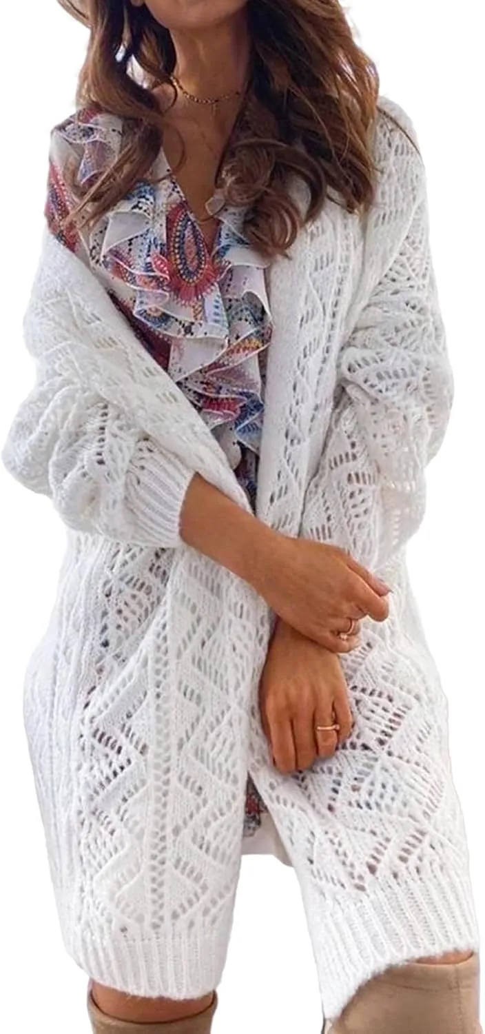 Womens Oversized Cute Crochet Chunky Knit Long Cardigan Fall 2024 Sexy Hollow Out Open Front Sweater Cardigans