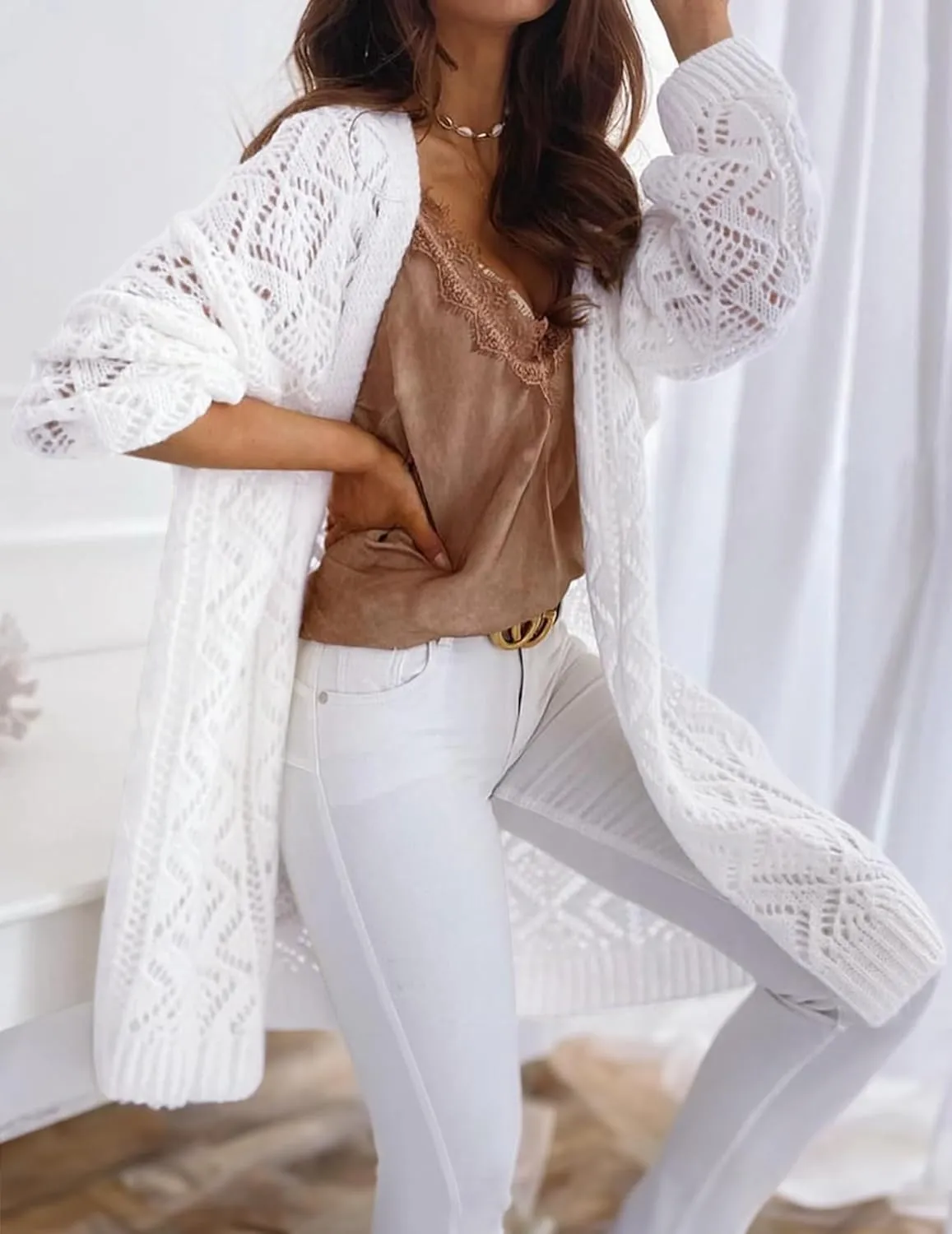 Womens Oversized Cute Crochet Chunky Knit Long Cardigan Fall 2024 Sexy Hollow Out Open Front Sweater Cardigans