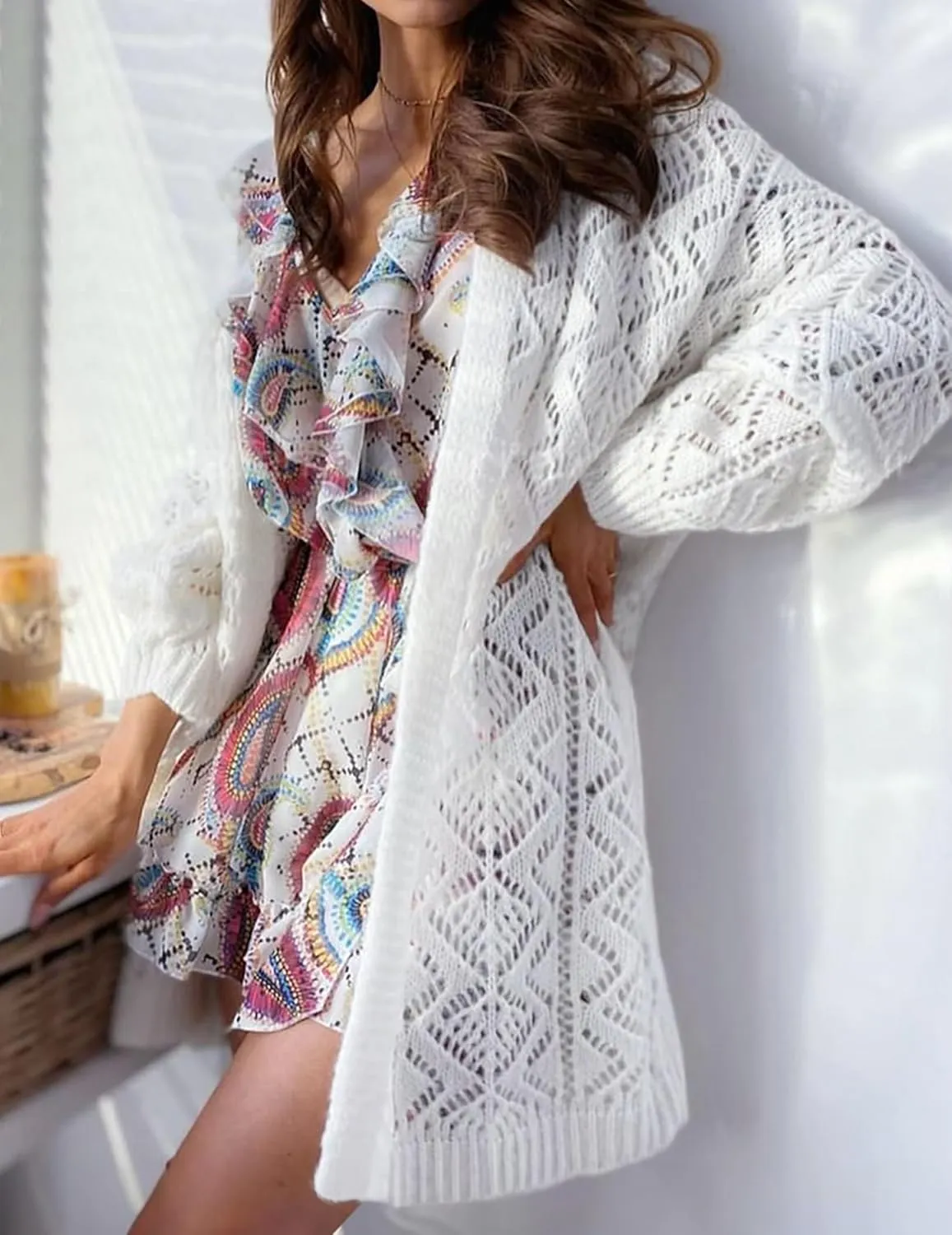 Womens Oversized Cute Crochet Chunky Knit Long Cardigan Fall 2024 Sexy Hollow Out Open Front Sweater Cardigans