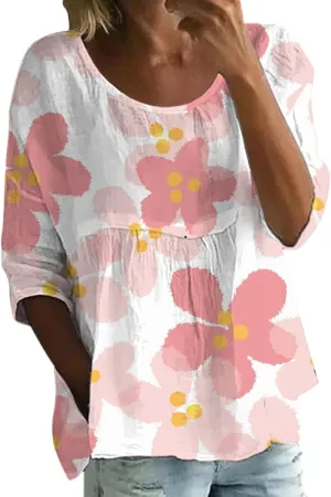 Womens Peasant Boho Tunic Tops 2025 3/4 Sleeve Floral Print Casual Loose Fit Pleated Summer Flowy Babydoll Blouses