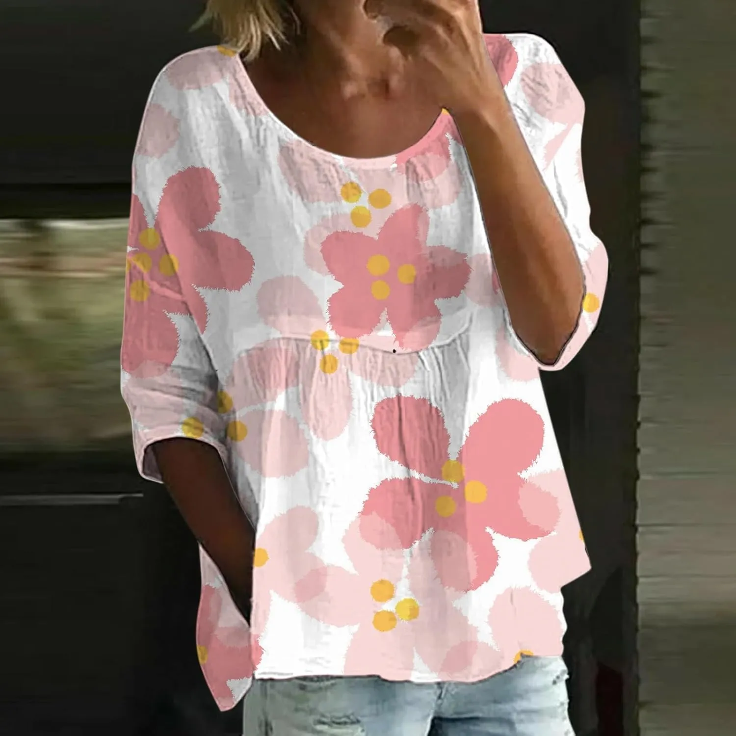 Womens Peasant Boho Tunic Tops 2025 3/4 Sleeve Floral Print Casual Loose Fit Pleated Summer Flowy Babydoll Blouses