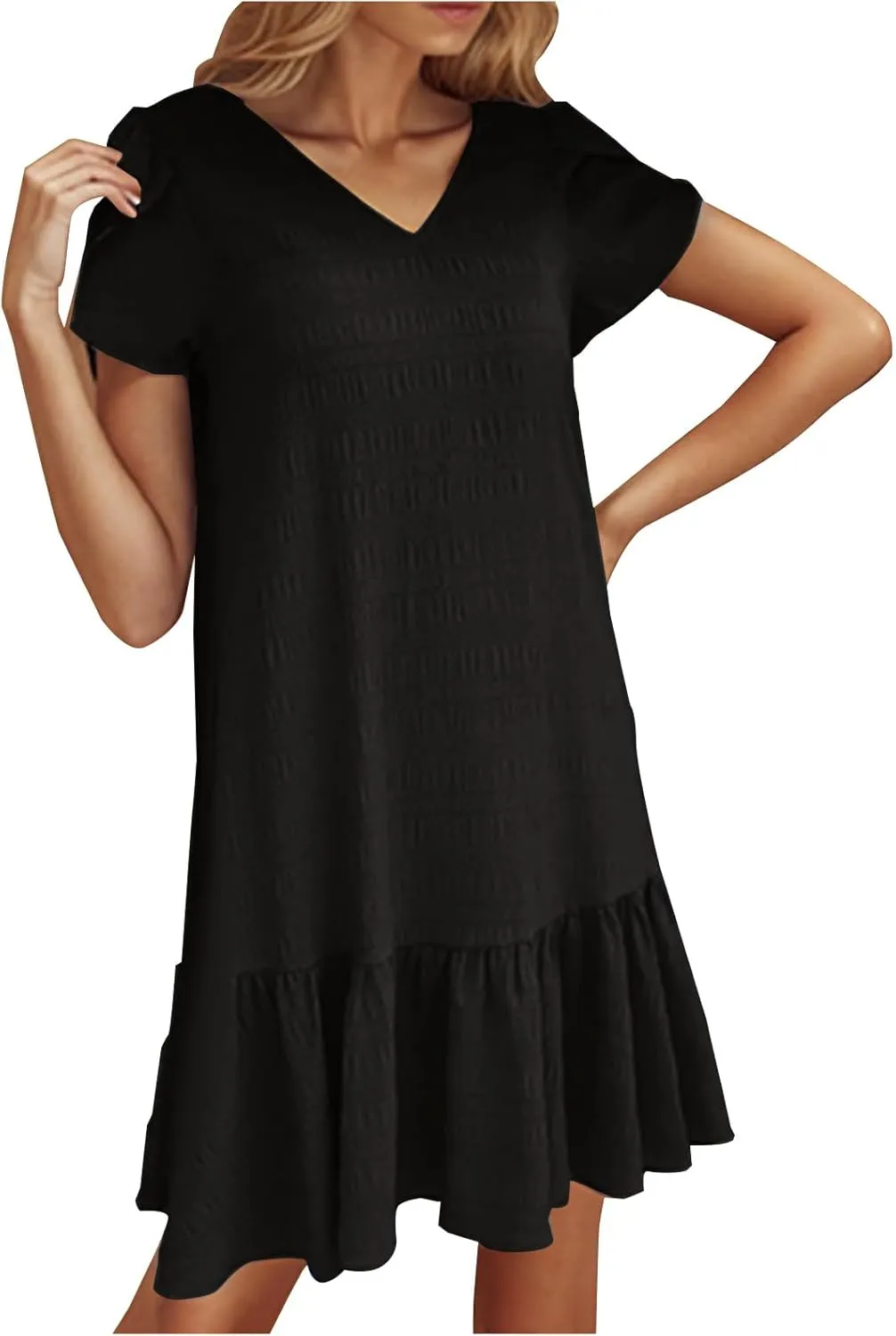 Womens Ruffle Hem Short Puff Sleeve Tank Dress V Neck Casual Smock Summer Mini Dresses Vacation Swing A Line Short Dress 2025