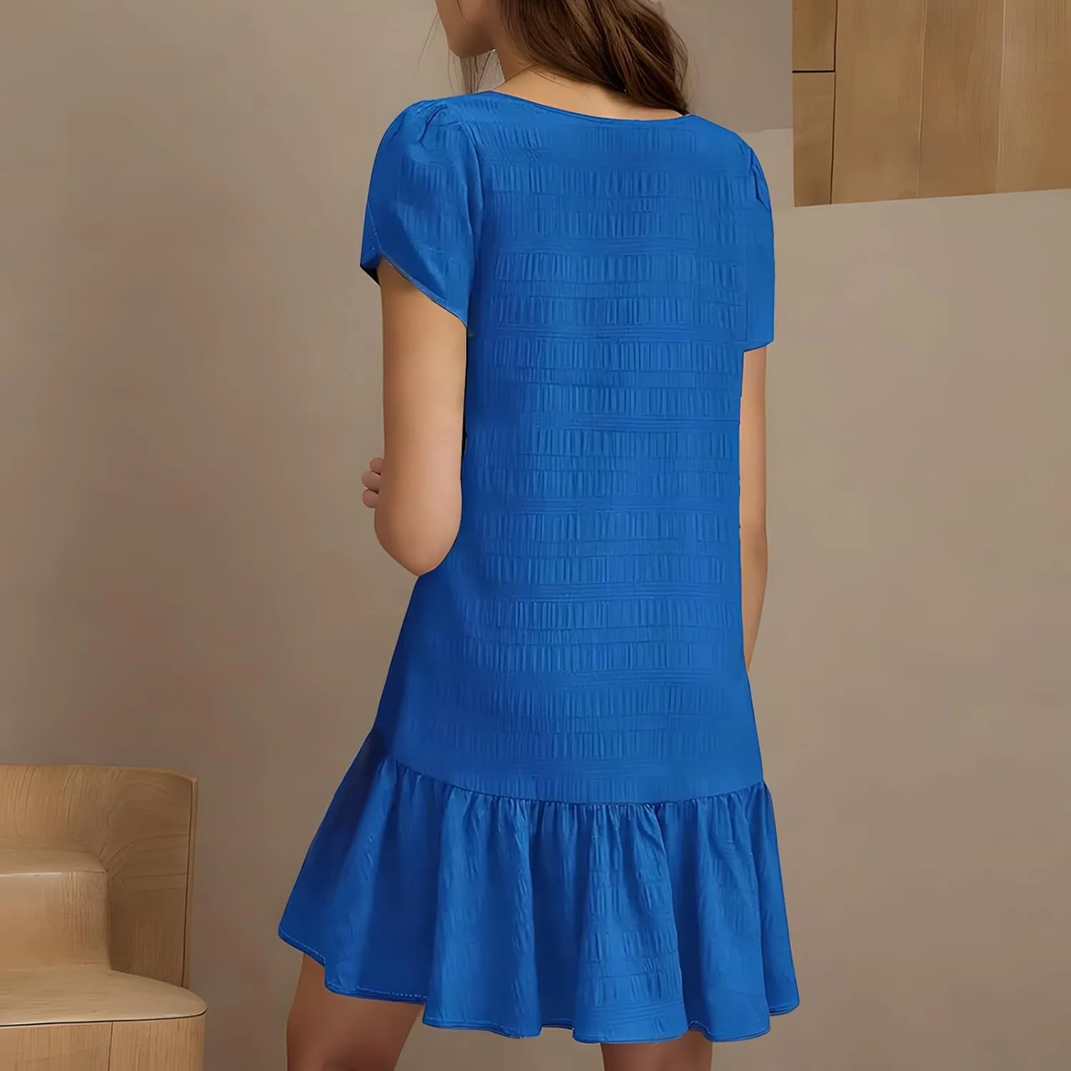 Womens Ruffle Hem Short Puff Sleeve Tank Dress V Neck Casual Smock Summer Mini Dresses Vacation Swing A Line Short Dress 2025