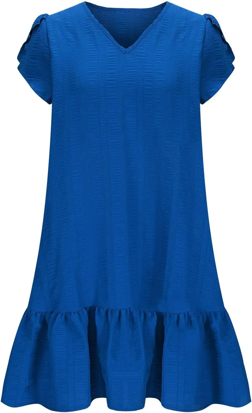 Womens Ruffle Hem Short Puff Sleeve Tank Dress V Neck Casual Smock Summer Mini Dresses Vacation Swing A Line Short Dress 2025
