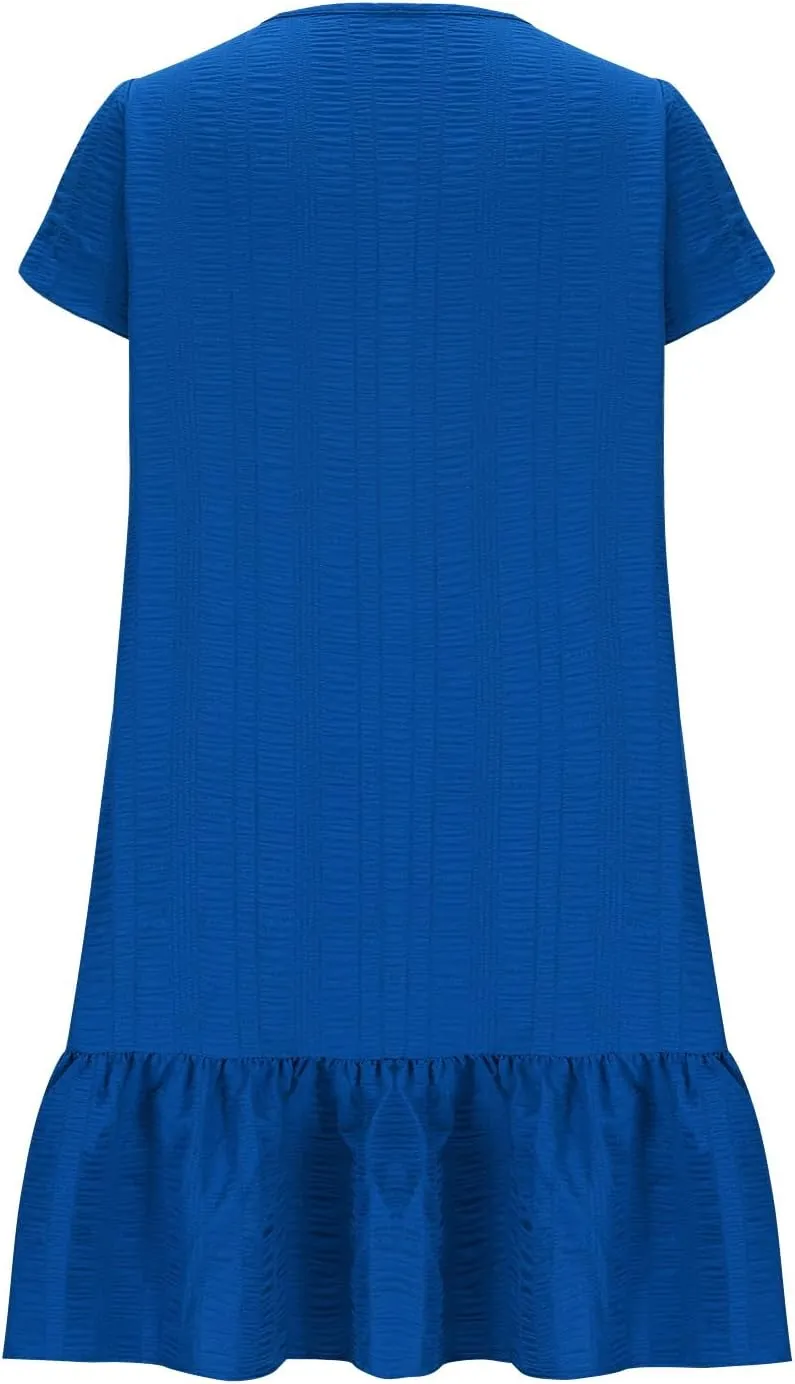 Womens Ruffle Hem Short Puff Sleeve Tank Dress V Neck Casual Smock Summer Mini Dresses Vacation Swing A Line Short Dress 2025