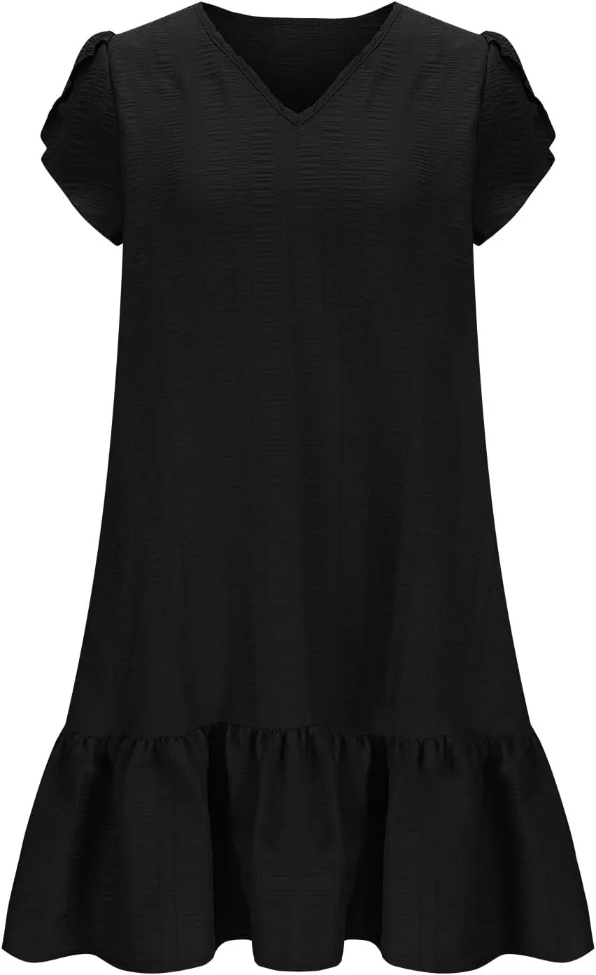 Womens Ruffle Hem Short Puff Sleeve Tank Dress V Neck Casual Smock Summer Mini Dresses Vacation Swing A Line Short Dress 2025