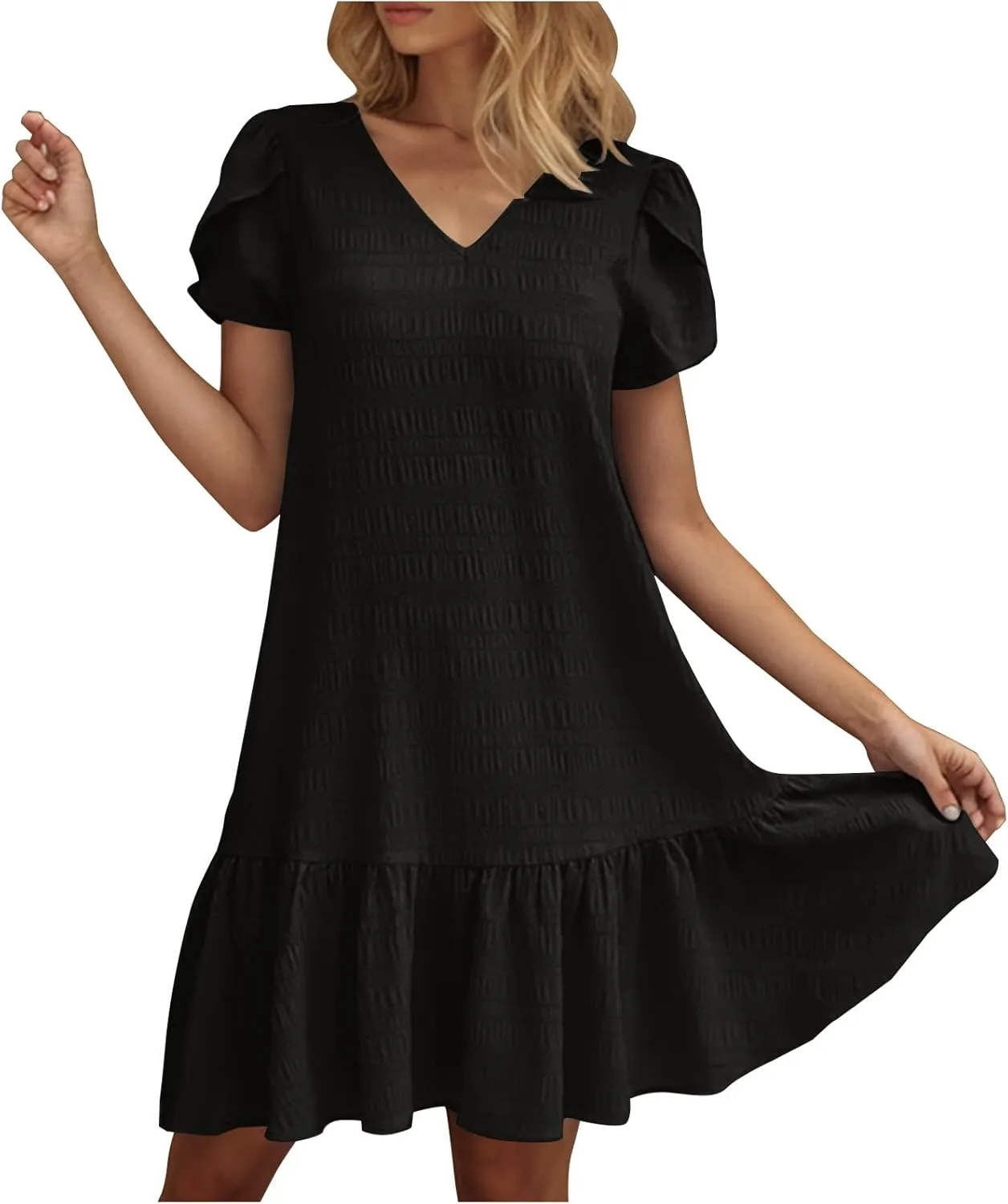Womens Ruffle Hem Short Puff Sleeve Tank Dress V Neck Casual Smock Summer Mini Dresses Vacation Swing A Line Short Dress 2025