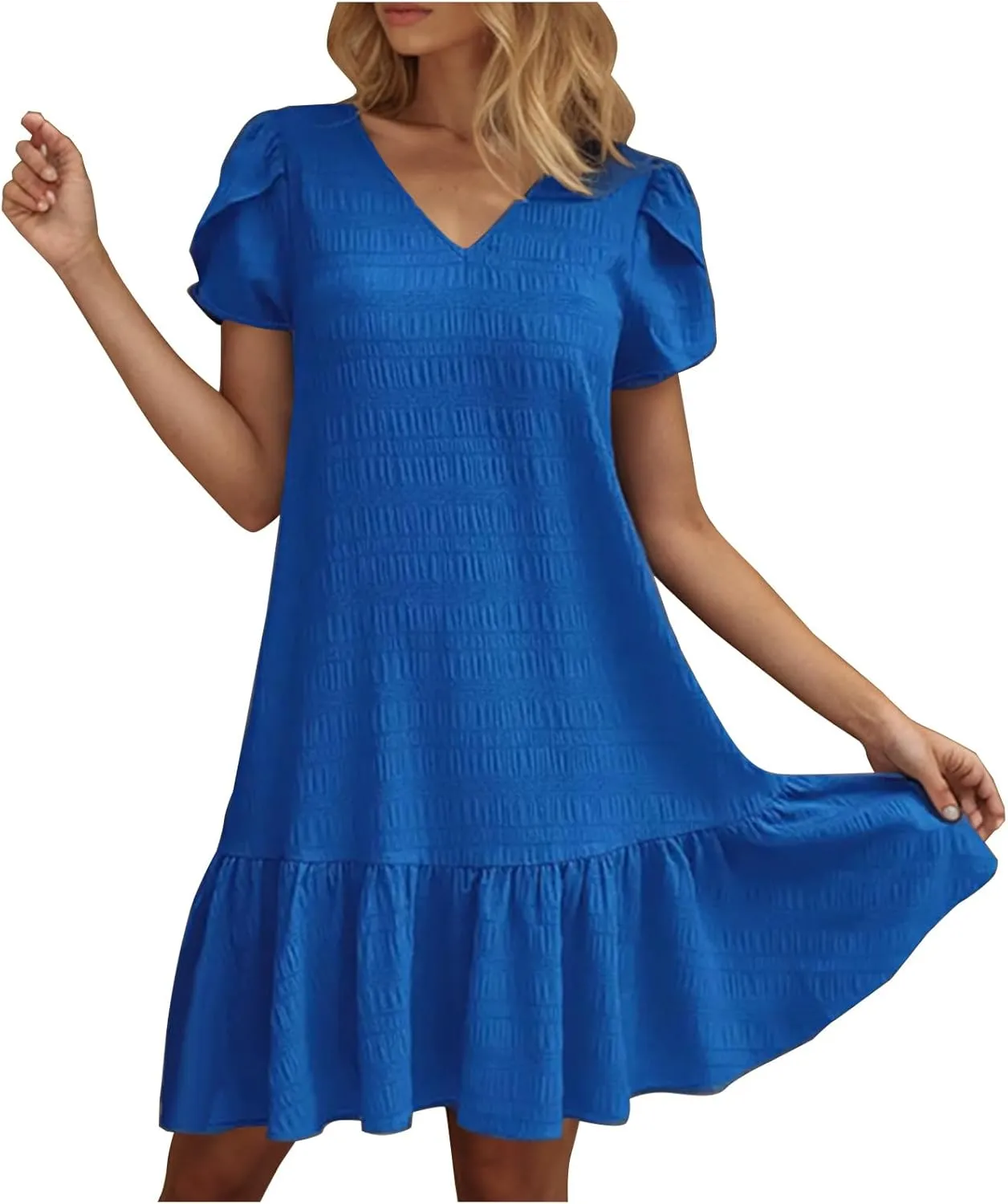 Womens Ruffle Hem Short Puff Sleeve Tank Dress V Neck Casual Smock Summer Mini Dresses Vacation Swing A Line Short Dress 2025