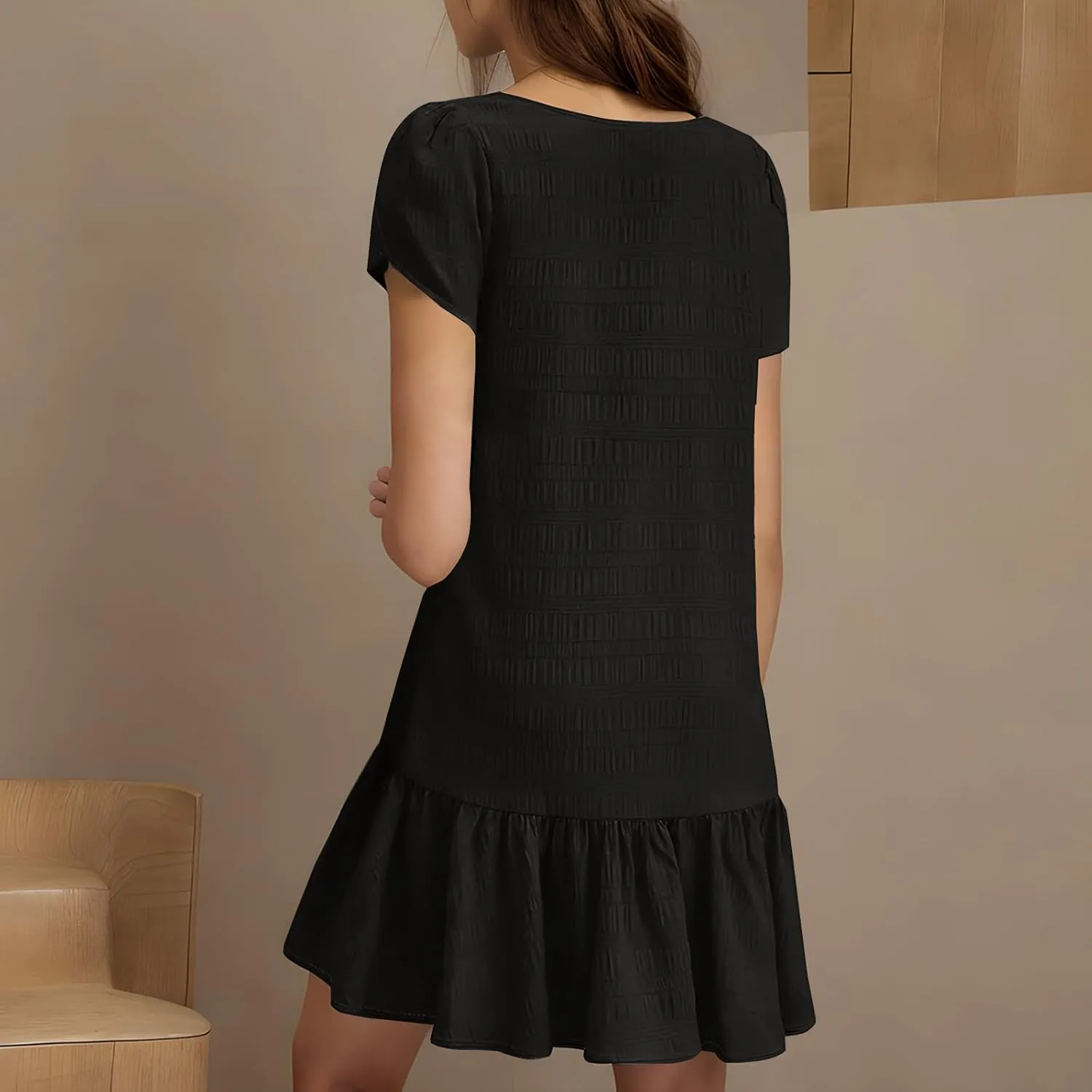 Womens Ruffle Hem Short Puff Sleeve Tank Dress V Neck Casual Smock Summer Mini Dresses Vacation Swing A Line Short Dress 2025