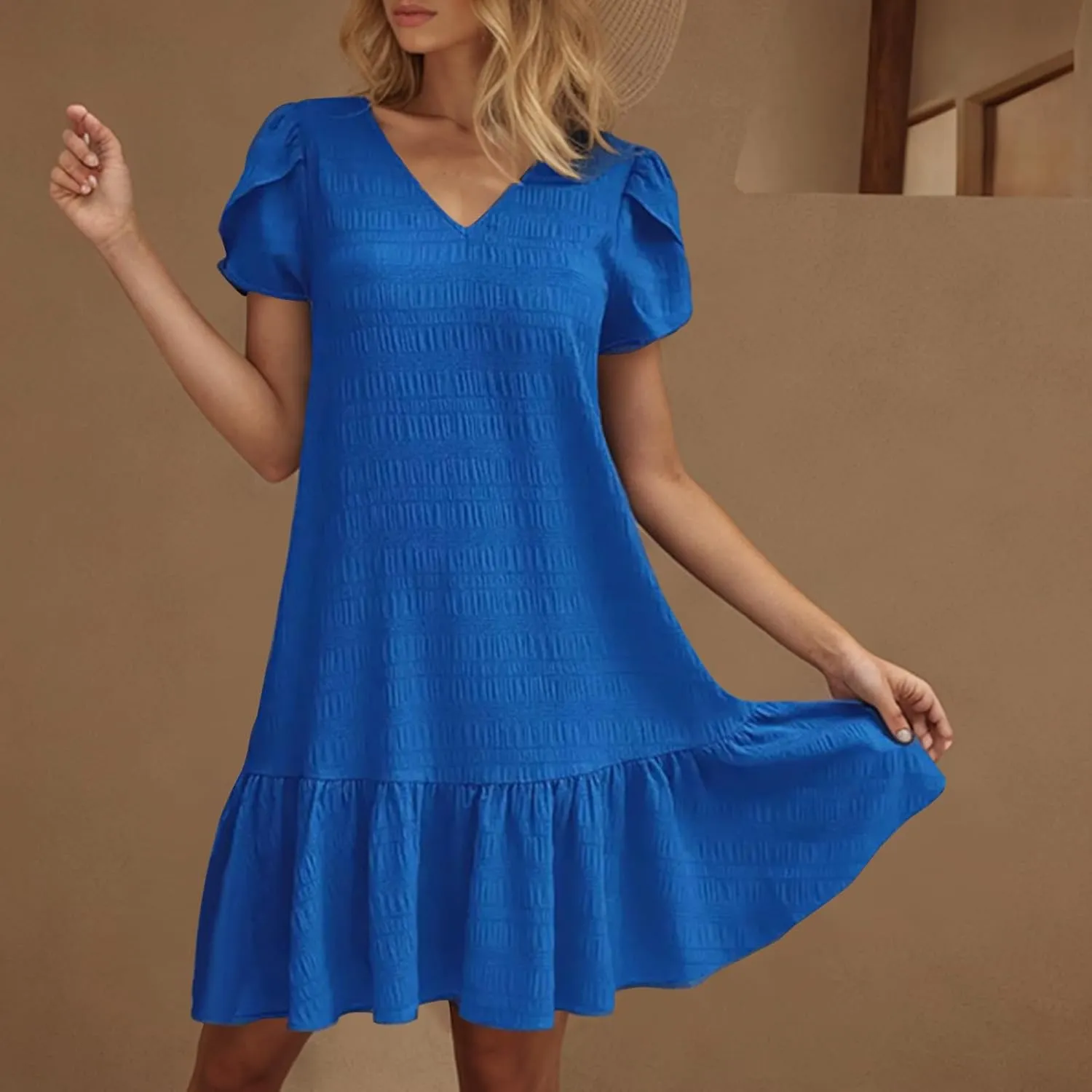 Womens Ruffle Hem Short Puff Sleeve Tank Dress V Neck Casual Smock Summer Mini Dresses Vacation Swing A Line Short Dress 2025