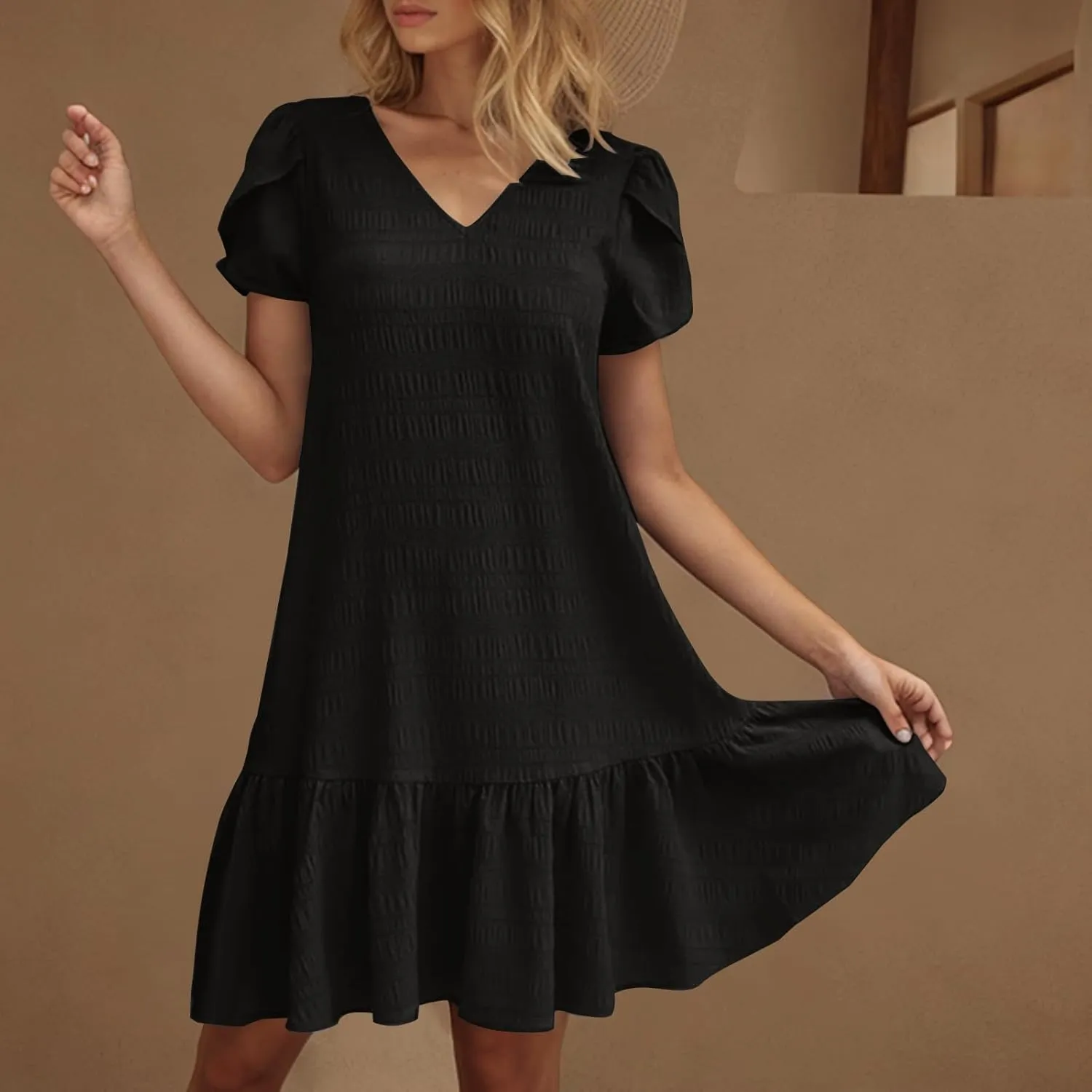 Womens Ruffle Hem Short Puff Sleeve Tank Dress V Neck Casual Smock Summer Mini Dresses Vacation Swing A Line Short Dress 2025