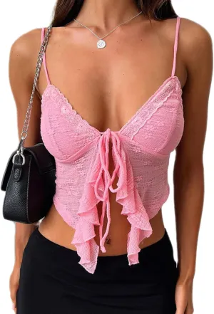 Women's Sexy Lace Up Padded Camisoles Spaghetti Straps V-Neck Ruffle Crop Tops Y2K Cami Shirt Streetwear