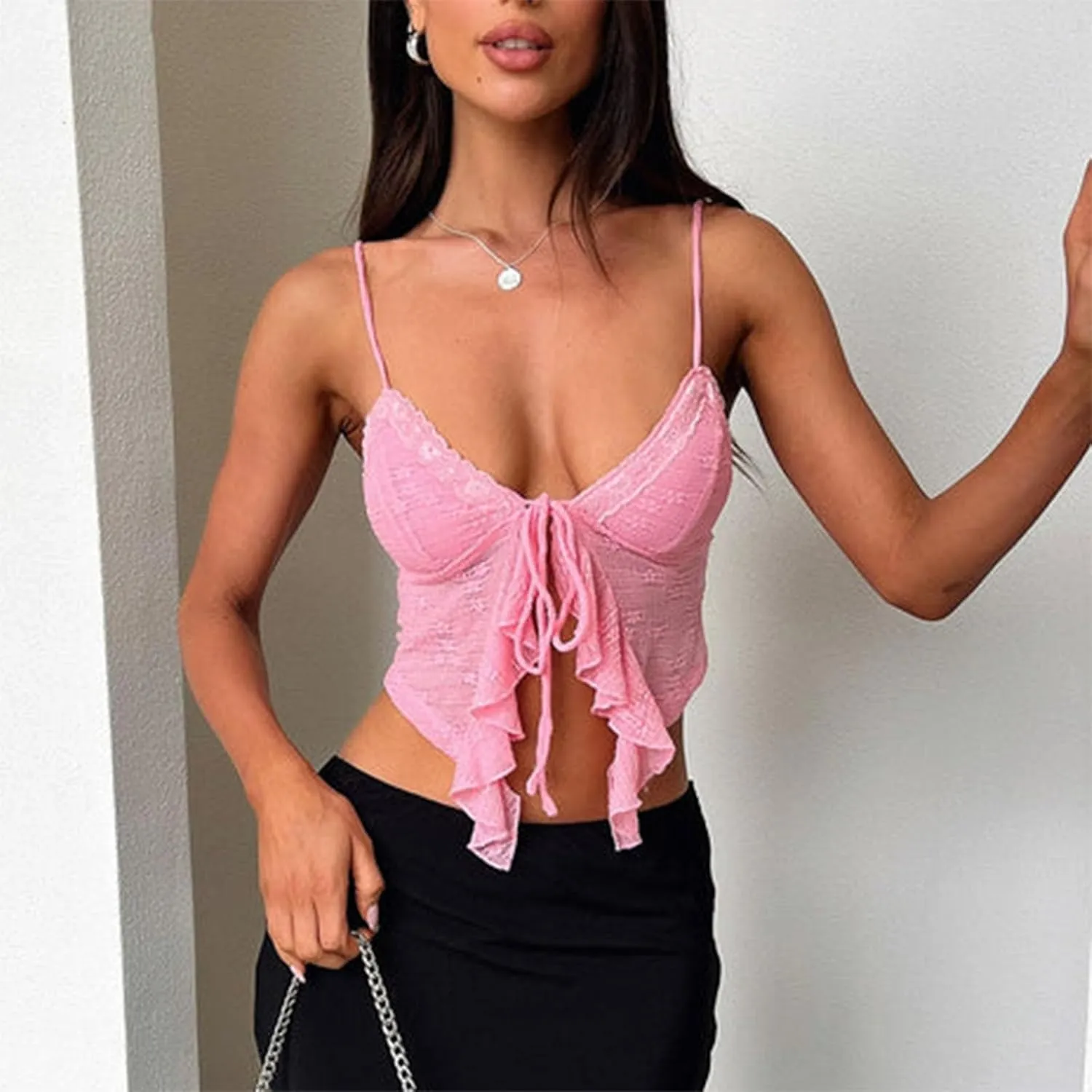 Women's Sexy Lace Up Padded Camisoles Spaghetti Straps V-Neck Ruffle Crop Tops Y2K Cami Shirt Streetwear
