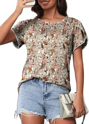 Women's Shirts Summer Casual Crewneck T Shirt Lace Crochet Short Sleeve Blouses Cute Floral Print Loose Tunic Tops