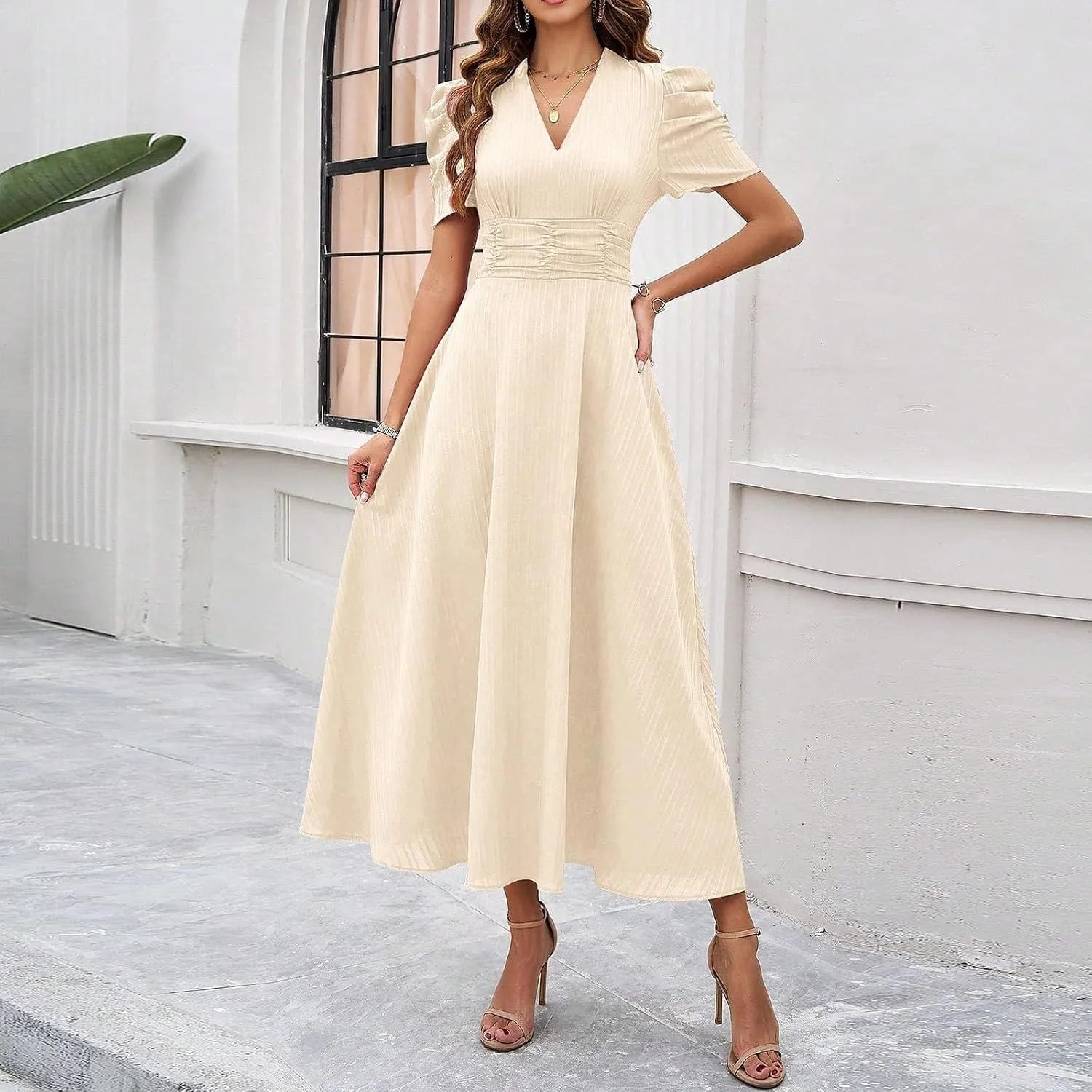 Women's Short Sleeve V Neck Dress Casual A Line Summer Dresses for Women 2025 Midi Dresses Cocktail Dress