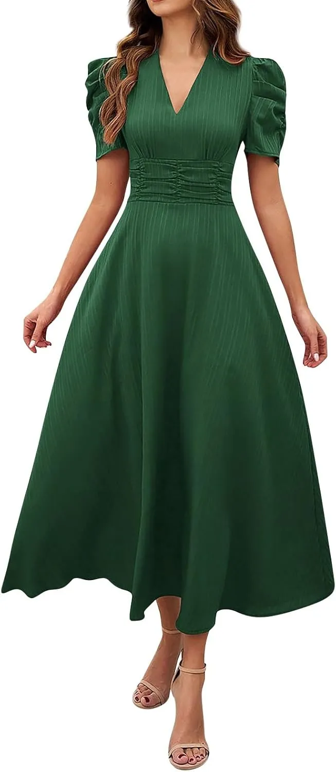 Women's Short Sleeve V Neck Dress Casual A Line Summer Dresses for Women 2025 Midi Dresses Cocktail Dress