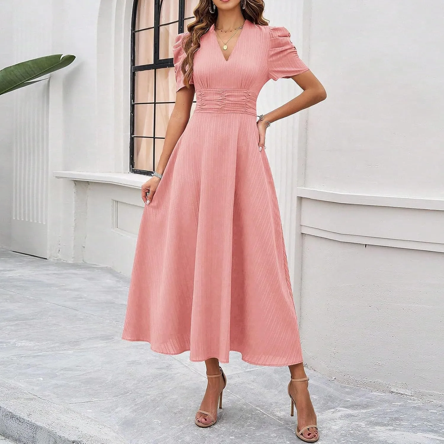Women's Short Sleeve V Neck Dress Casual A Line Summer Dresses for Women 2025 Midi Dresses Cocktail Dress