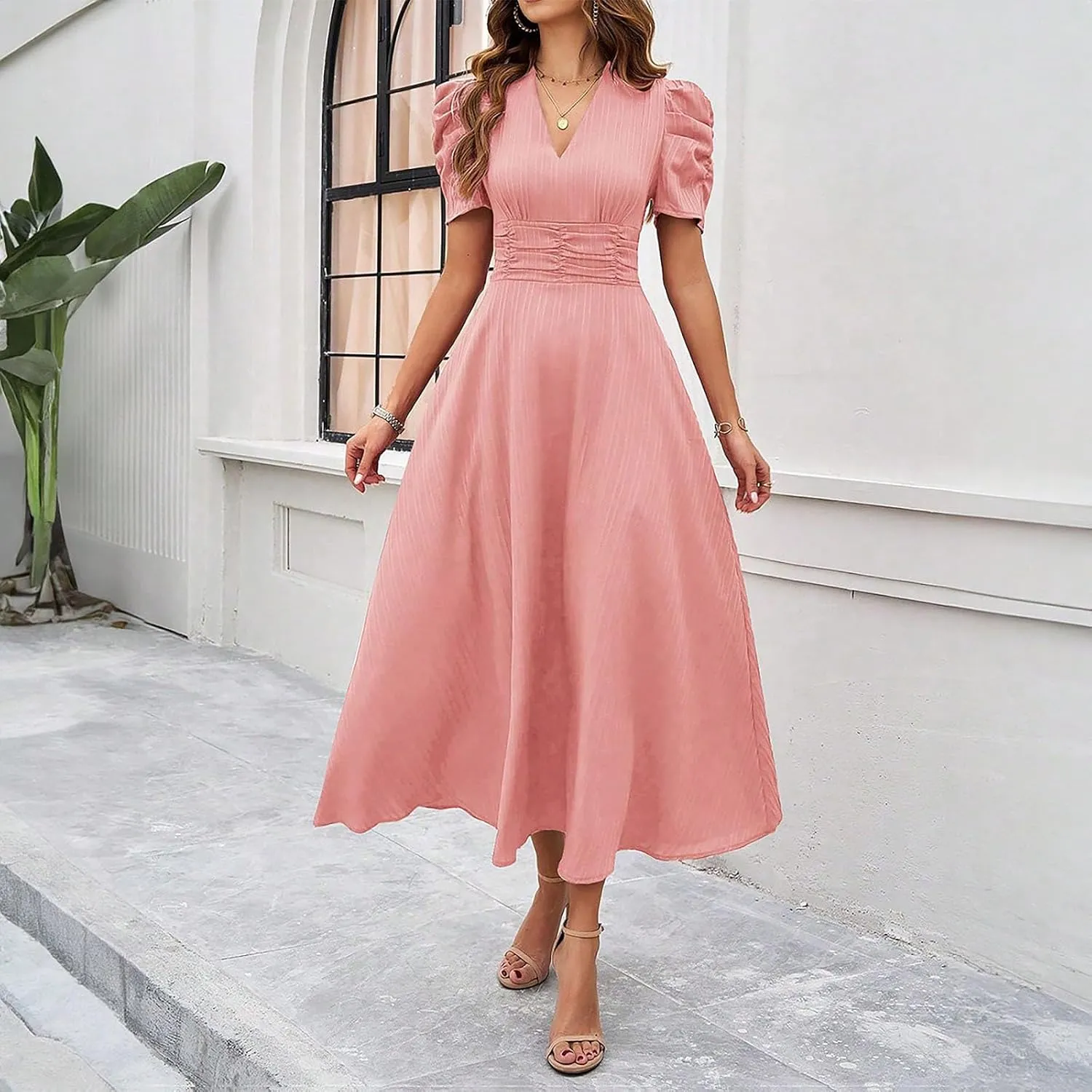 Women's Short Sleeve V Neck Dress Casual A Line Summer Dresses for Women 2025 Midi Dresses Cocktail Dress