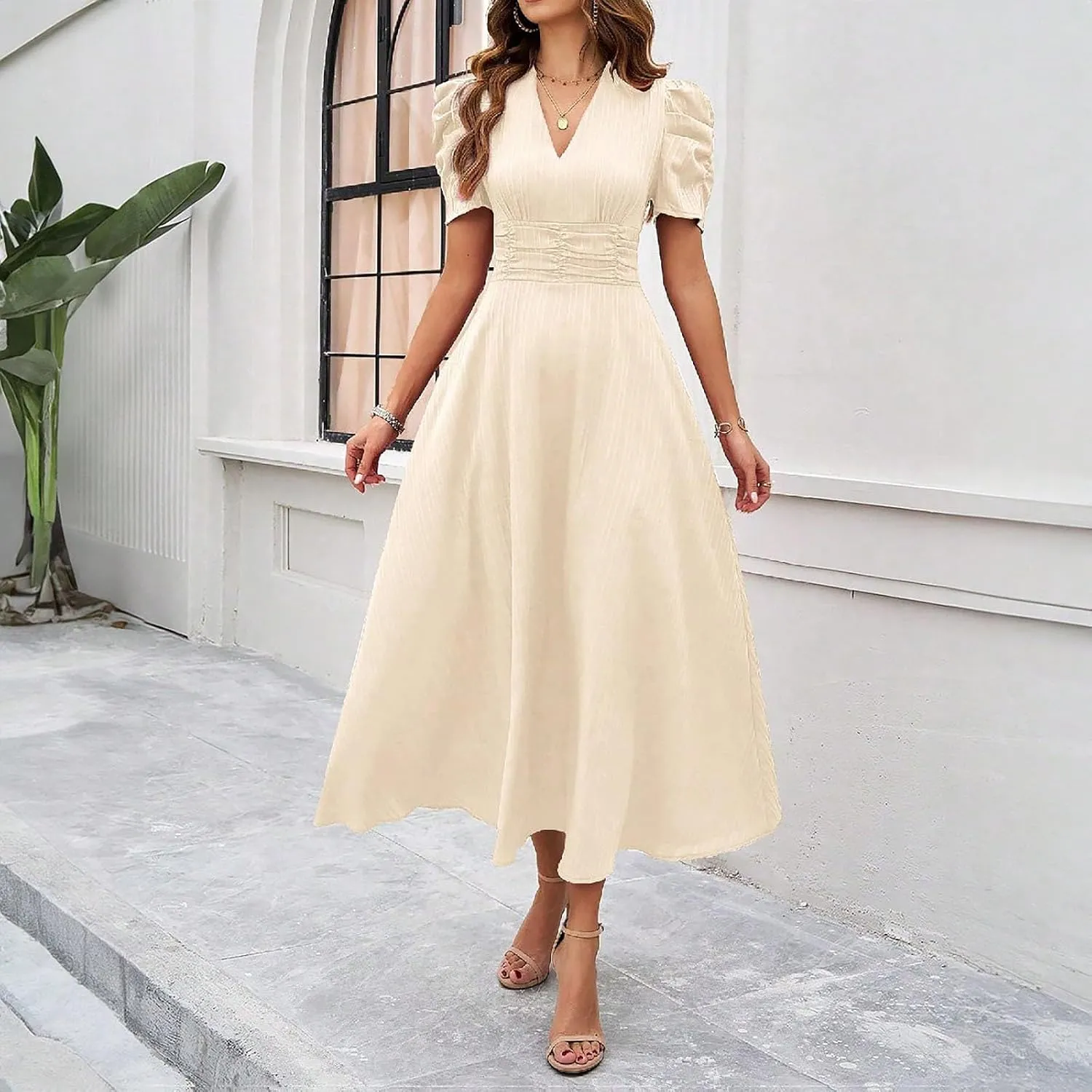 Women's Short Sleeve V Neck Dress Casual A Line Summer Dresses for Women 2025 Midi Dresses Cocktail Dress