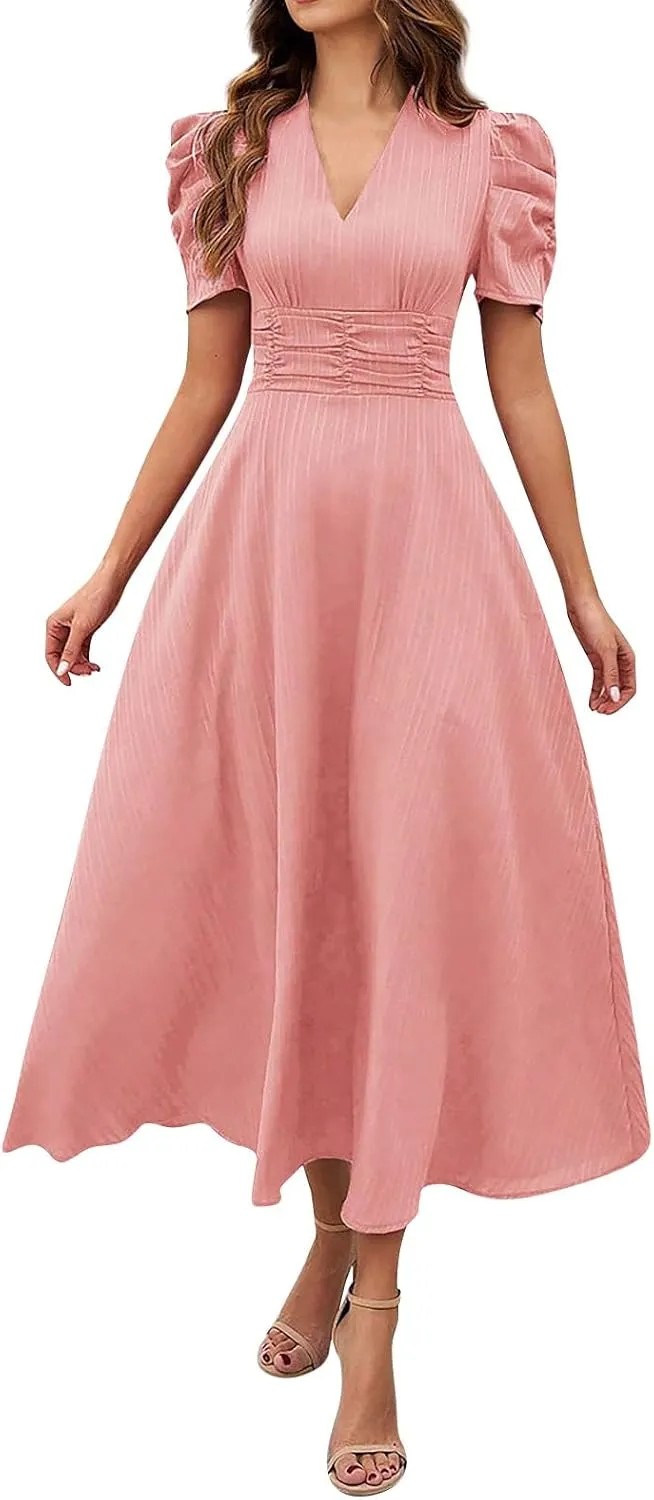 Women's Short Sleeve V Neck Dress Casual A Line Summer Dresses for Women 2025 Midi Dresses Cocktail Dress