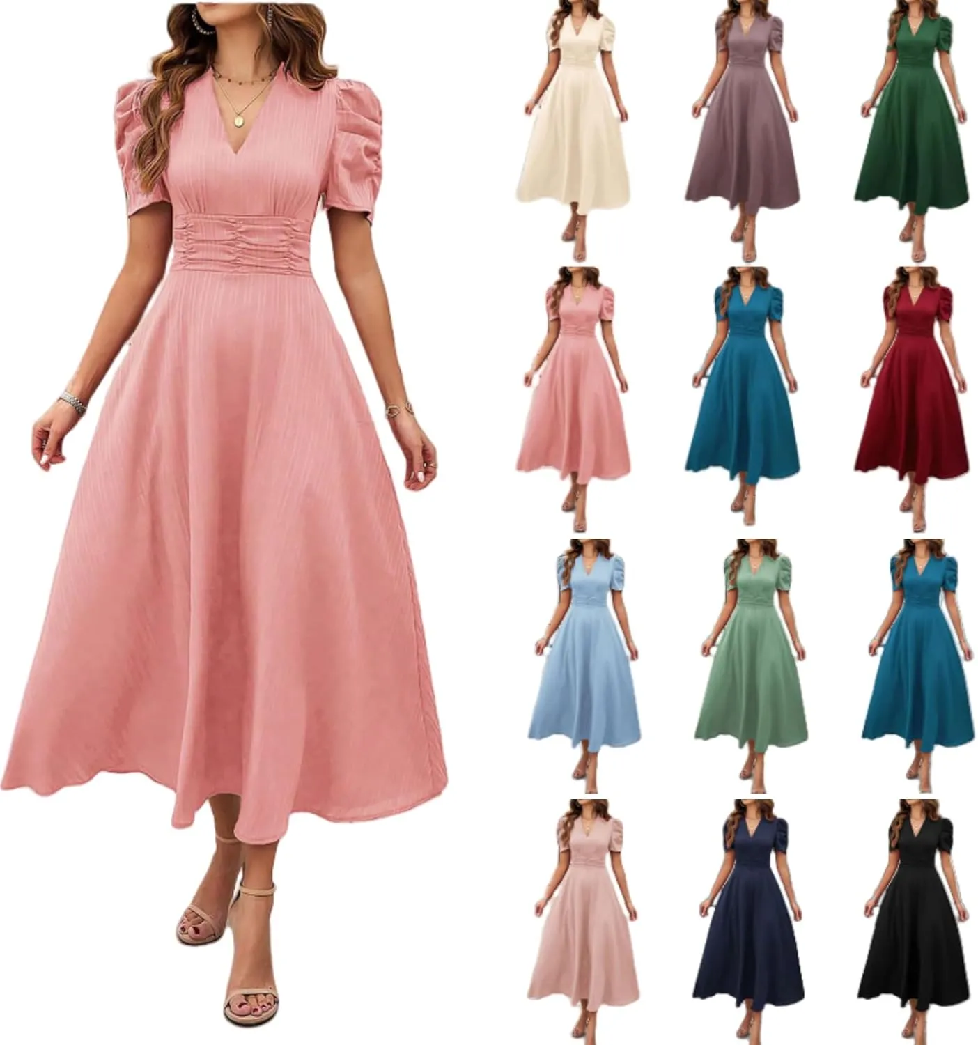 Women's Short Sleeve V Neck Dress Casual A Line Summer Dresses for Women 2025 Midi Dresses Cocktail Dress