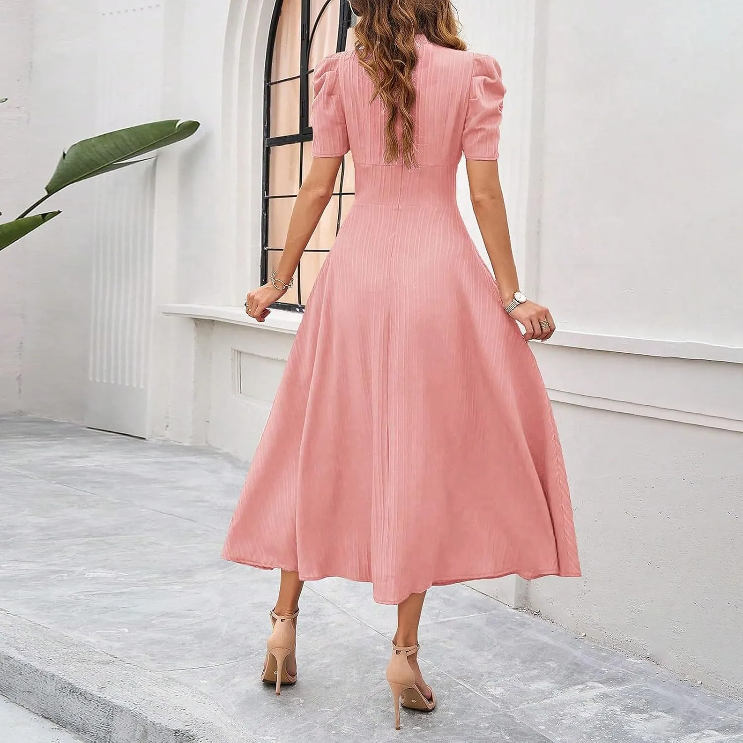 Women's Short Sleeve V Neck Dress Casual A Line Summer Dresses for Women 2025 Midi Dresses Cocktail Dress