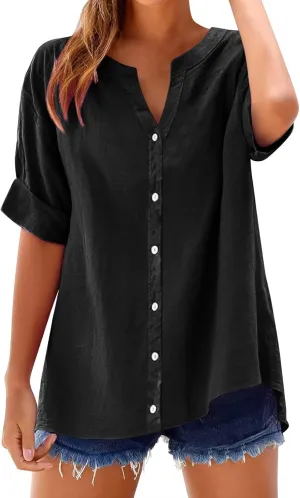 Women's Solid Henley V-Neck Linen Shirt - 2025 Lightweight Summer Beach Top, Short Sleeve Boho Button Front Casual Blouse