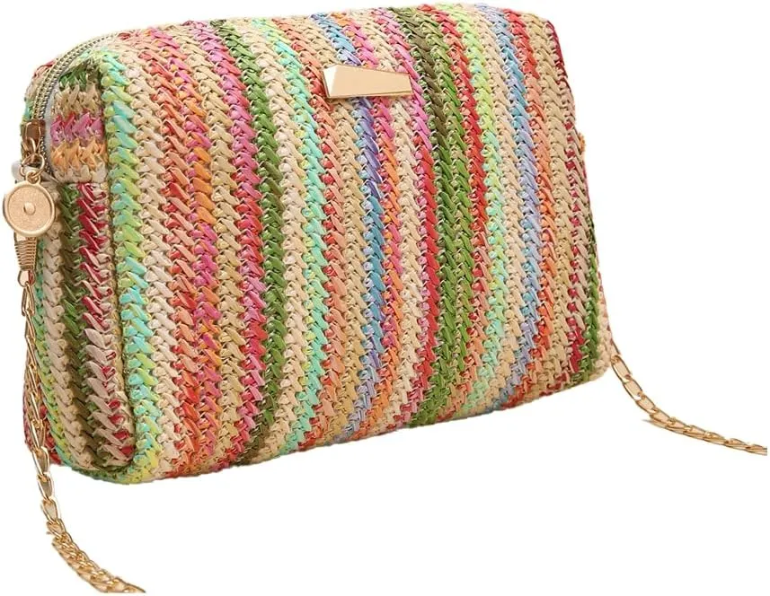 Womens Straw Tote Bag Rainbow Striped Casual Beach Shoulder Bag Summer Vacation Straw Crossbody Bag Purse 2024