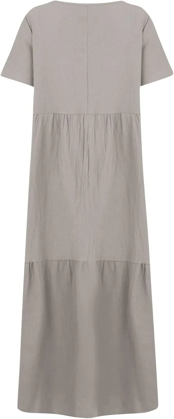 Womens Summer Cotton Linen Dresses Casual Short Sleeve Plus Size Midi Dress Elegant V Neck Ruched Flowy Boho Dress