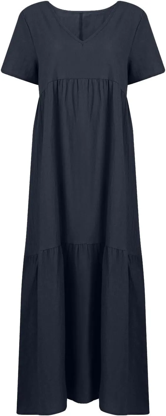 Womens Summer Cotton Linen Dresses Casual Short Sleeve Plus Size Midi Dress Elegant V Neck Ruched Flowy Boho Dress