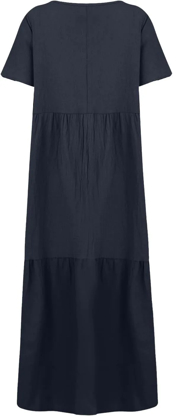 Womens Summer Cotton Linen Dresses Casual Short Sleeve Plus Size Midi Dress Elegant V Neck Ruched Flowy Boho Dress
